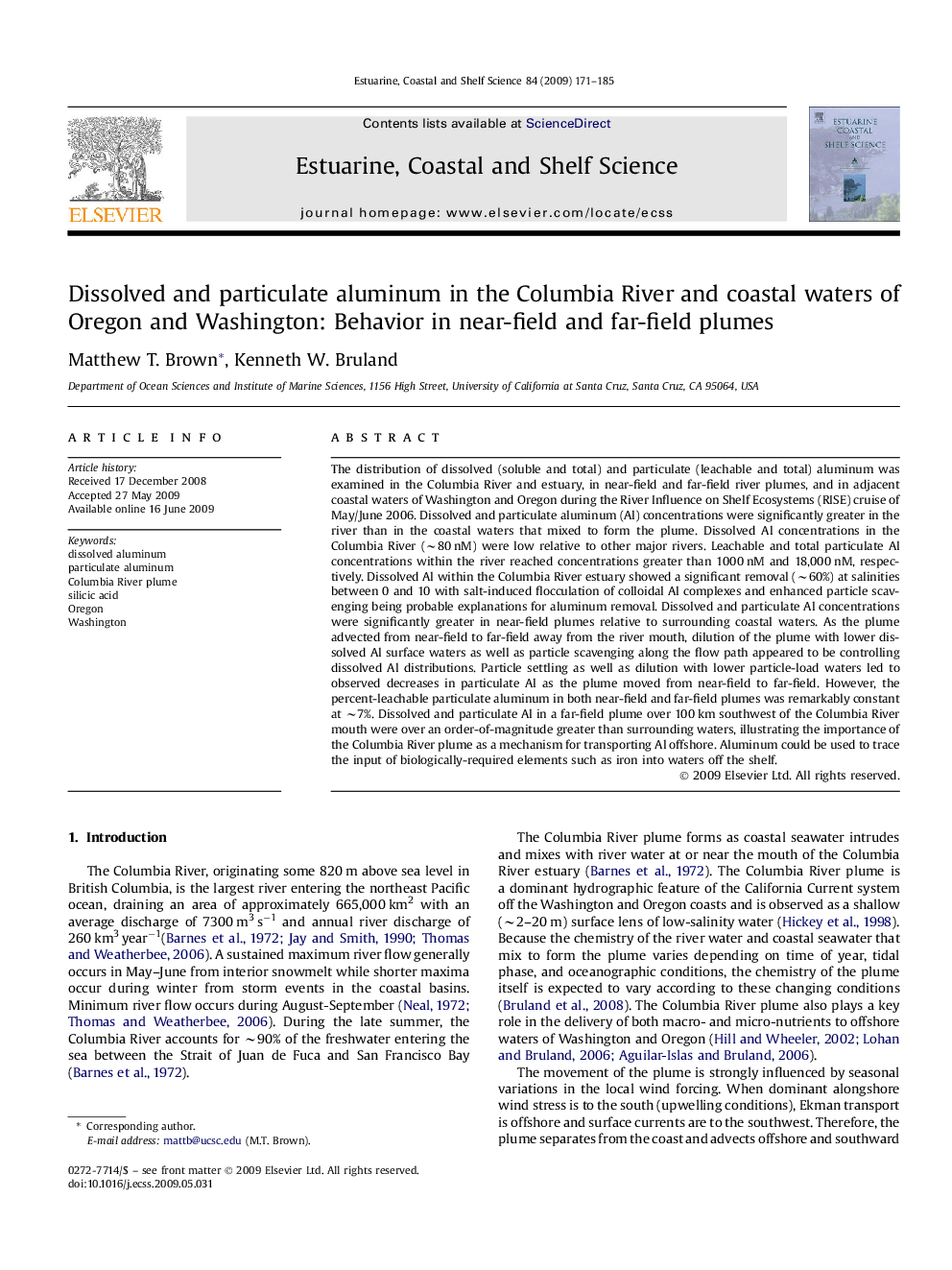 Dissolved and particulate aluminum in the Columbia River and coastal waters of Oregon and Washington: Behavior in near-field and far-field plumes