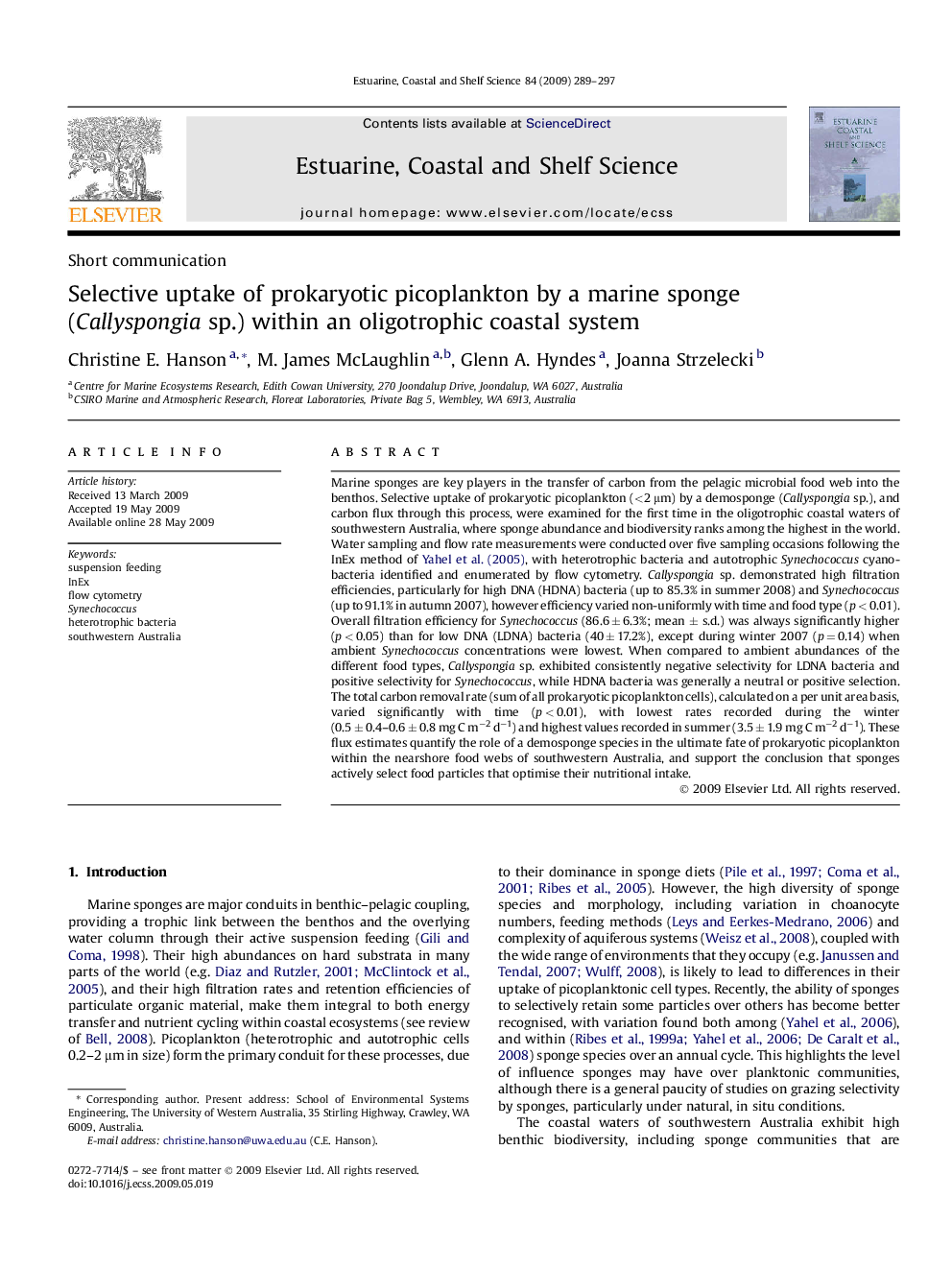 Selective uptake of prokaryotic picoplankton by a marine sponge (Callyspongia sp.) within an oligotrophic coastal system