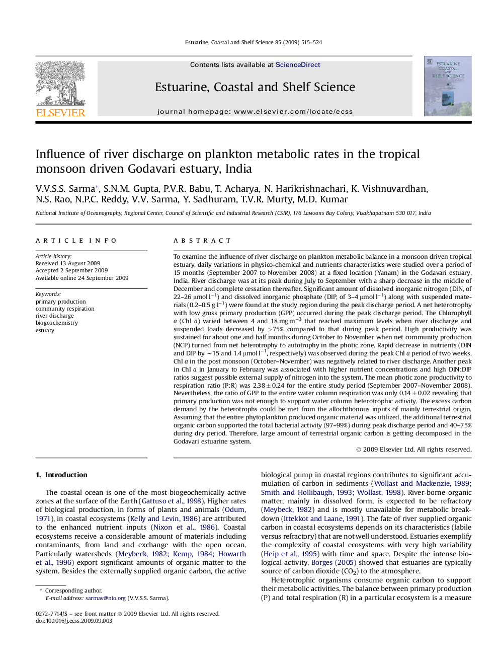 Influence of river discharge on plankton metabolic rates in the tropical monsoon driven Godavari estuary, India