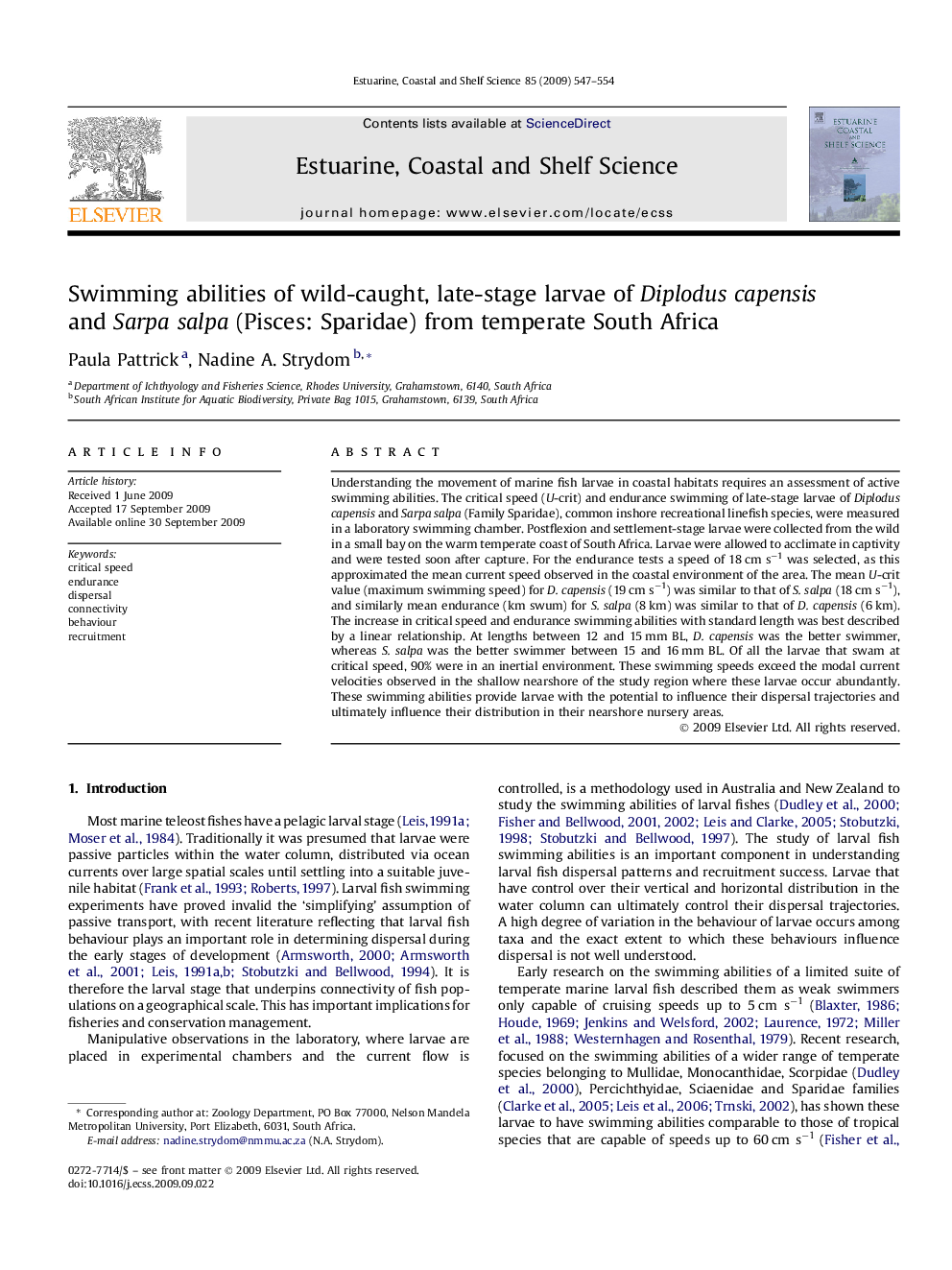 Swimming abilities of wild-caught, late-stage larvae of Diplodus capensis and Sarpa salpa (Pisces: Sparidae) from temperate South Africa