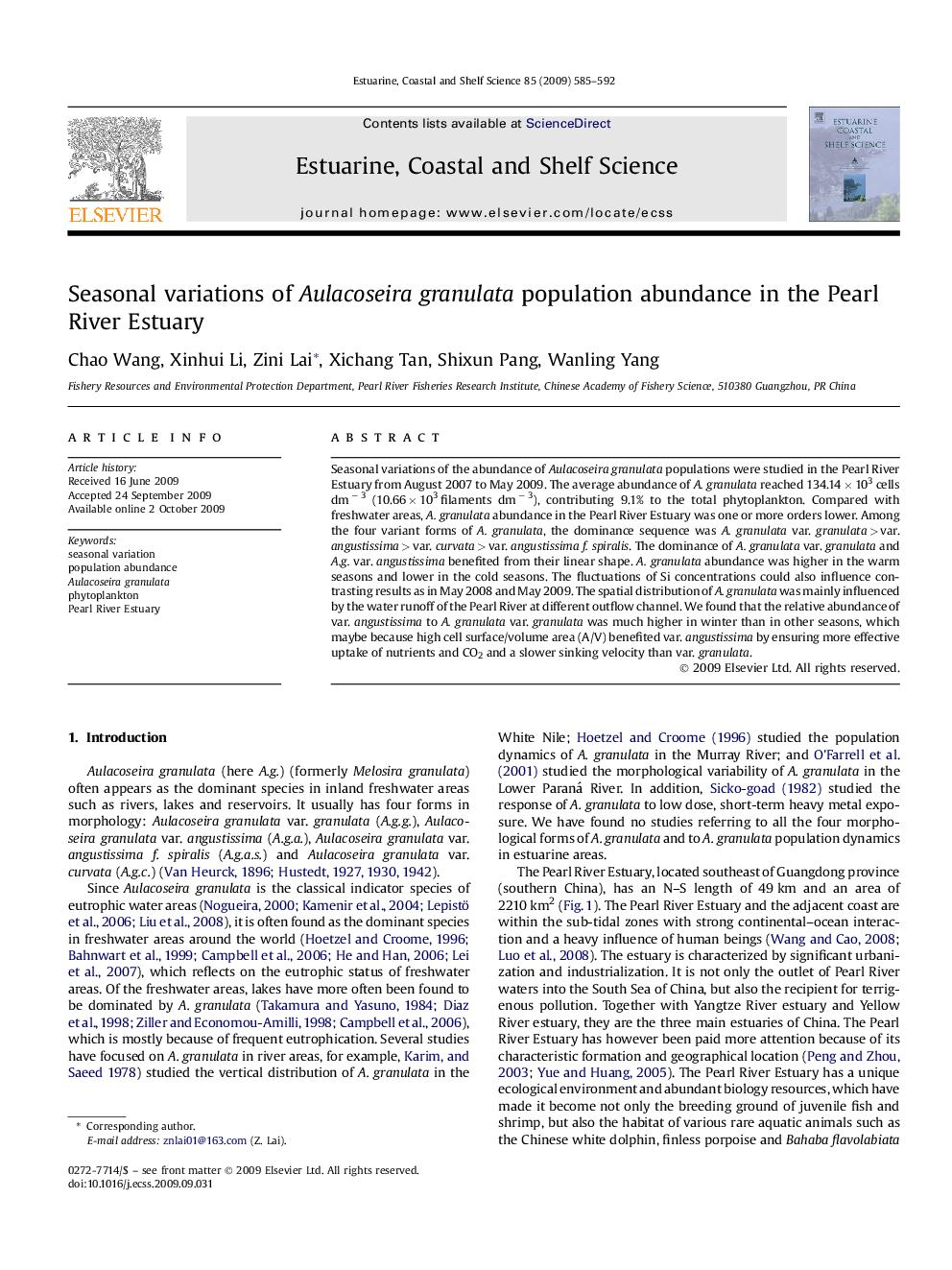 Seasonal variations of Aulacoseira granulata population abundance in the Pearl River Estuary