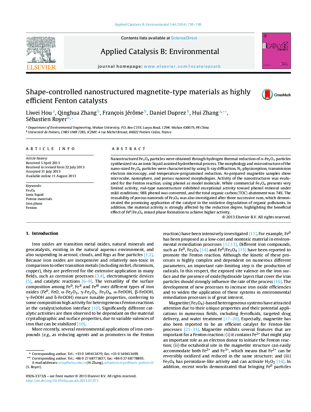 Shape-controlled nanostructured magnetite-type materials as highly efficient Fenton catalysts