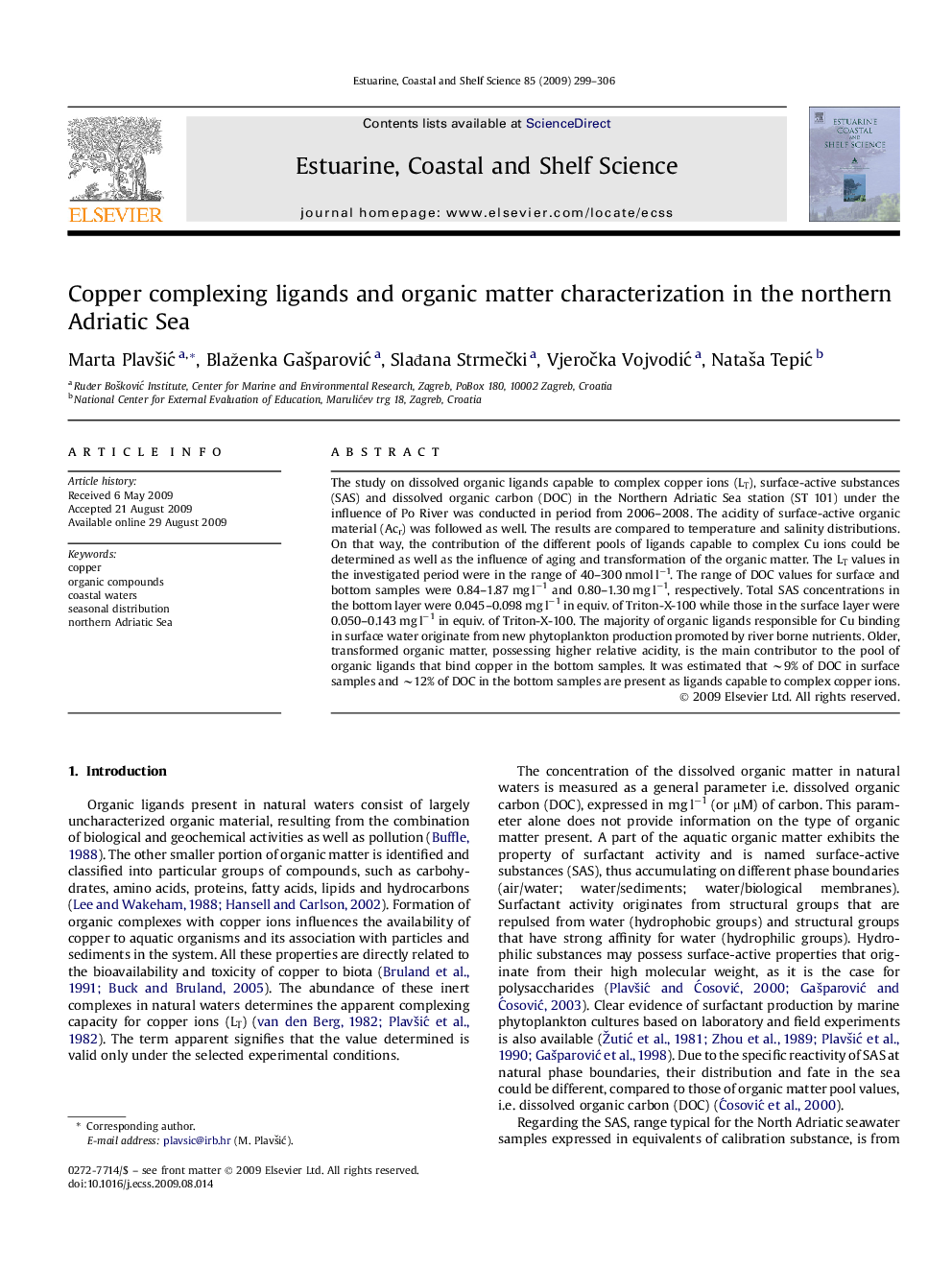 Copper complexing ligands and organic matter characterization in the northern Adriatic Sea