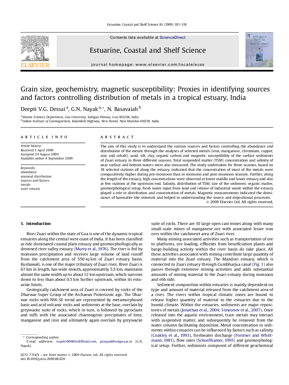 Grain size, geochemistry, magnetic susceptibility: Proxies in identifying sources and factors controlling distribution of metals in a tropical estuary, India