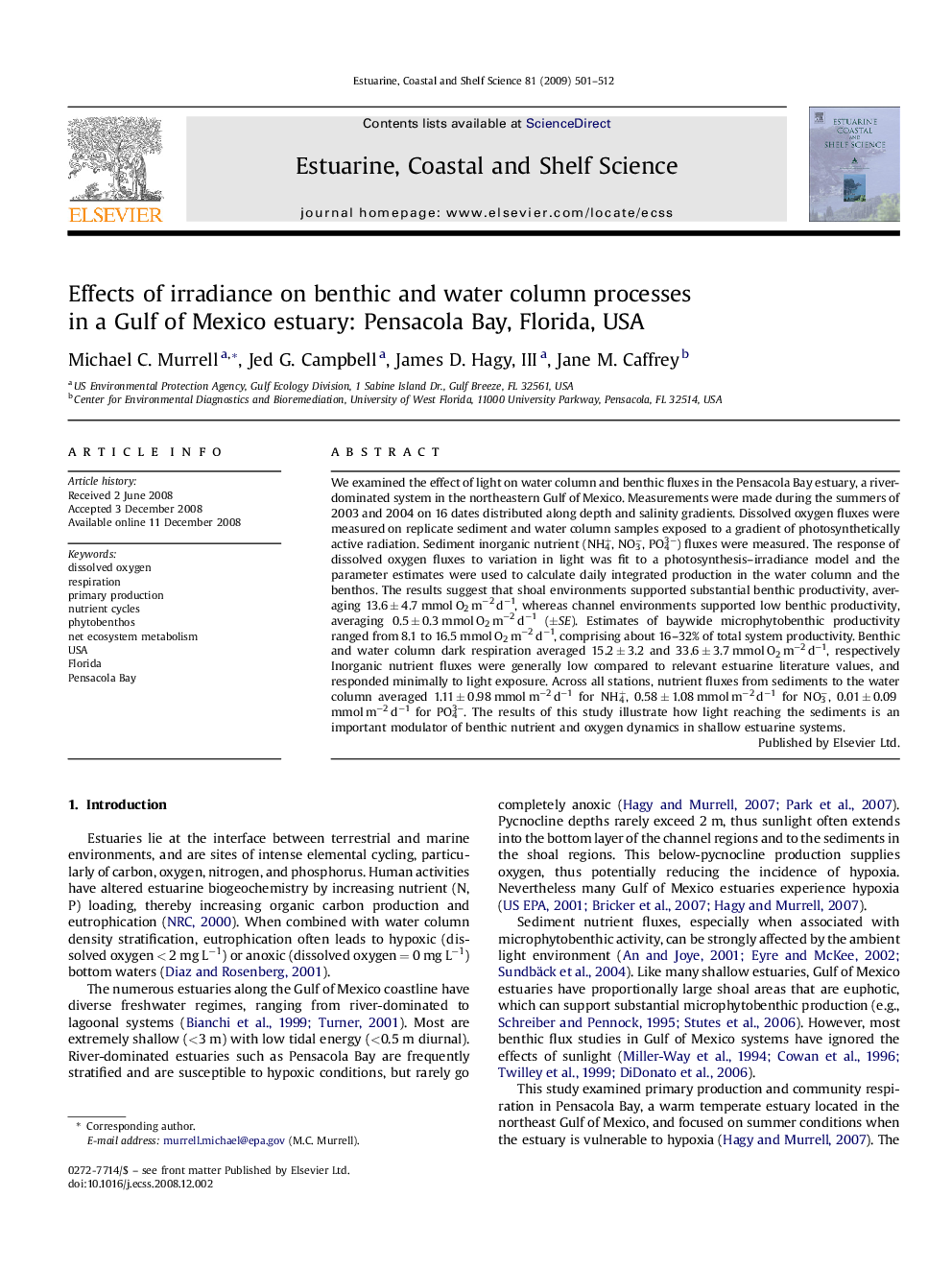 Effects of irradiance on benthic and water column processes in a Gulf of Mexico estuary: Pensacola Bay, Florida, USA