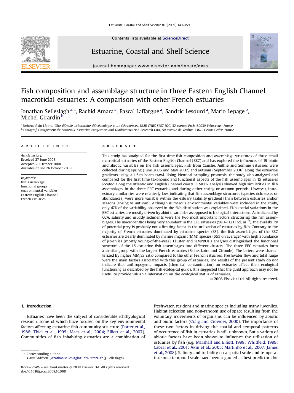 Fish composition and assemblage structure in three Eastern English Channel macrotidal estuaries: A comparison with other French estuaries