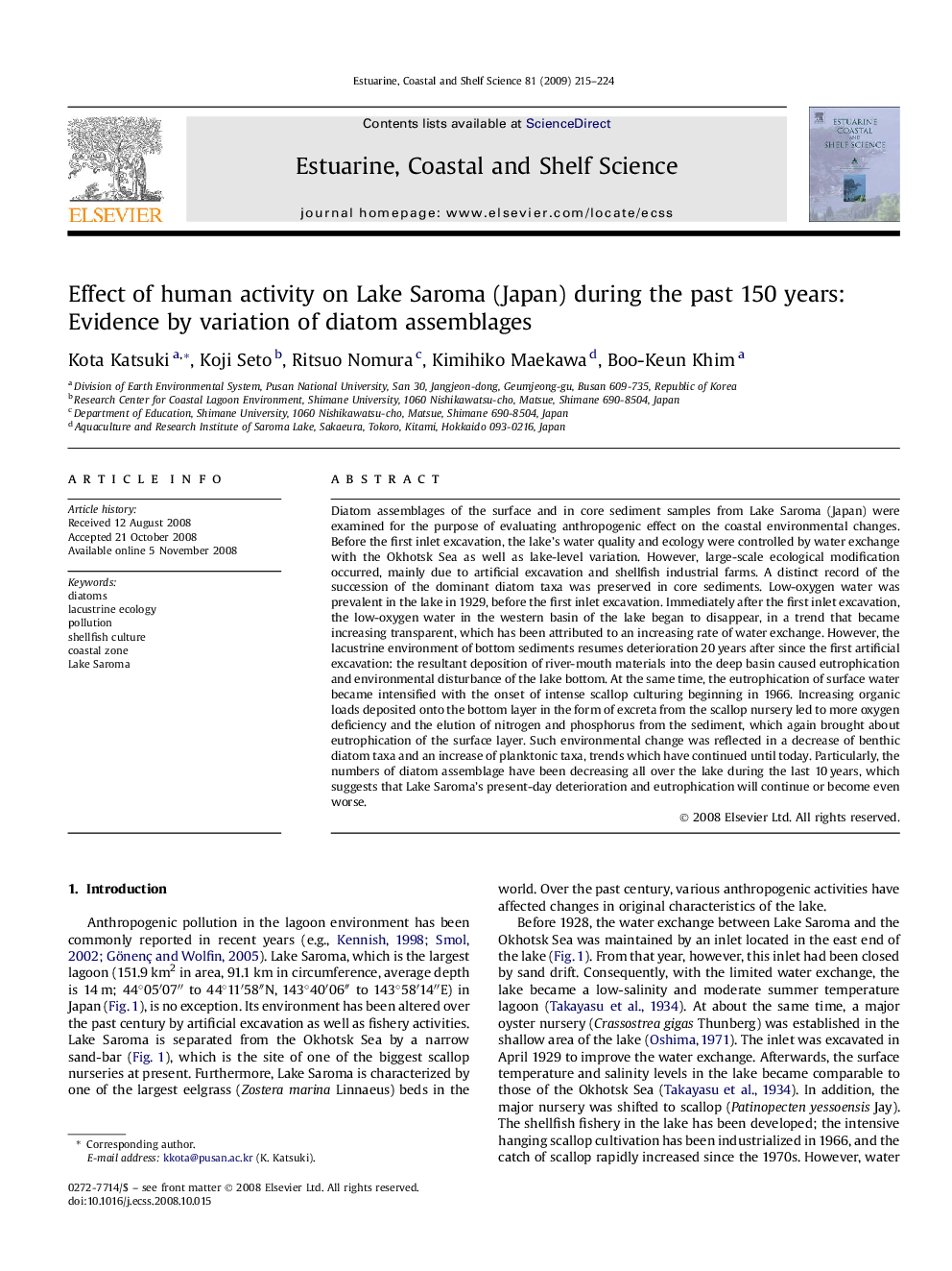 Effect of human activity on Lake Saroma (Japan) during the past 150 years: Evidence by variation of diatom assemblages