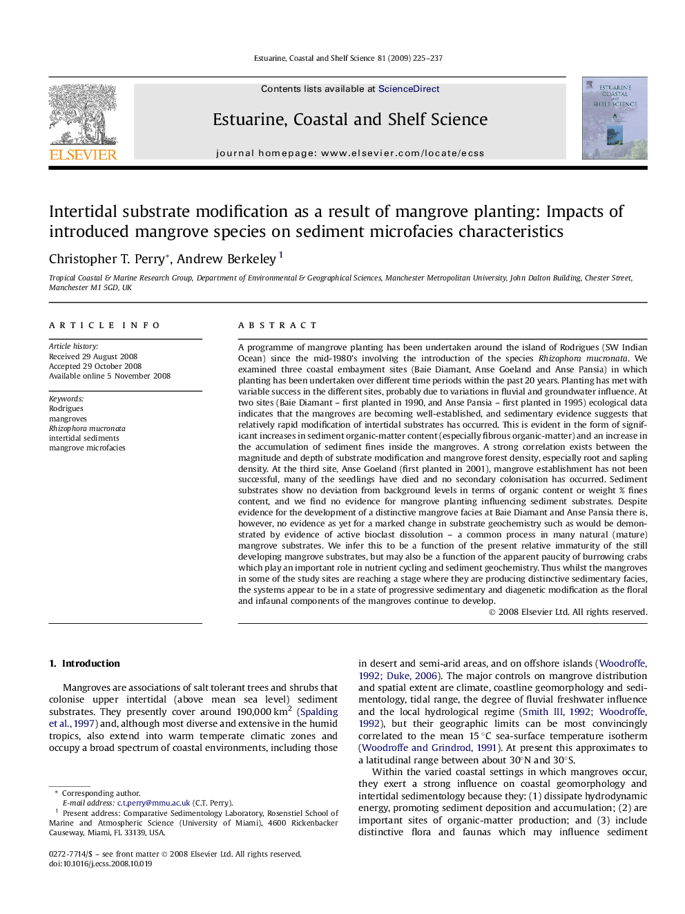 Intertidal substrate modification as a result of mangrove planting: Impacts of introduced mangrove species on sediment microfacies characteristics