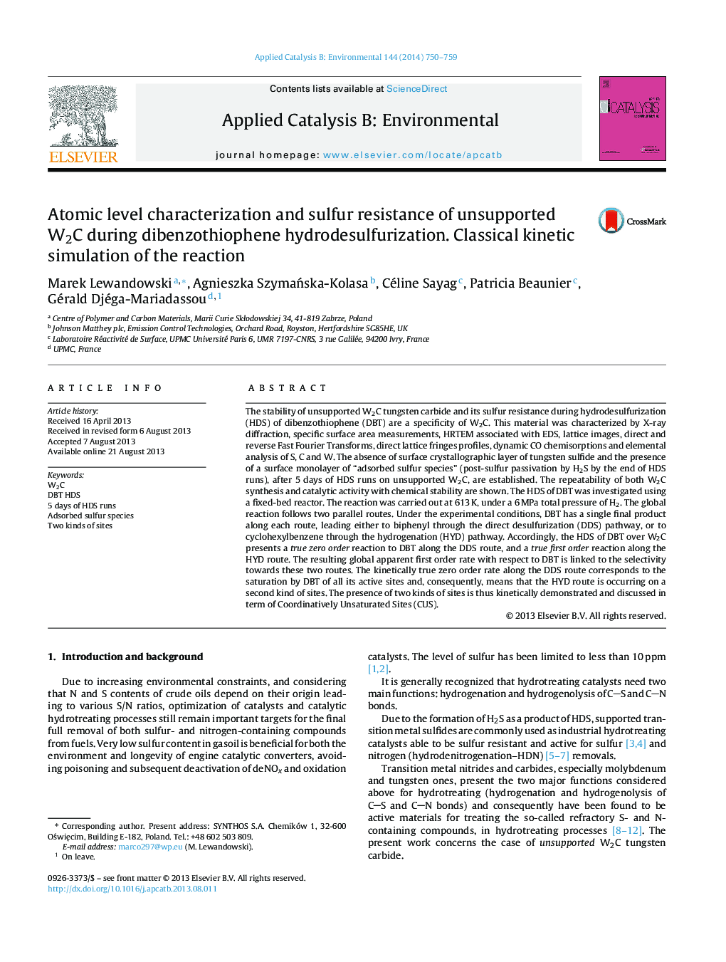 Atomic level characterization and sulfur resistance of unsupported W2C during dibenzothiophene hydrodesulfurization. Classical kinetic simulation of the reaction