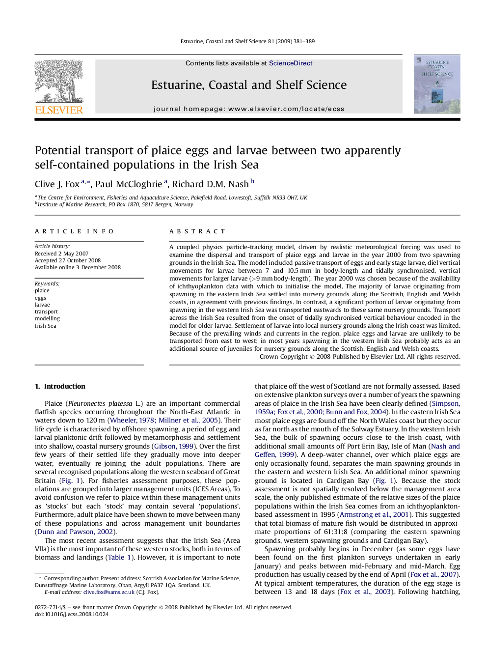 Potential transport of plaice eggs and larvae between two apparently self-contained populations in the Irish Sea