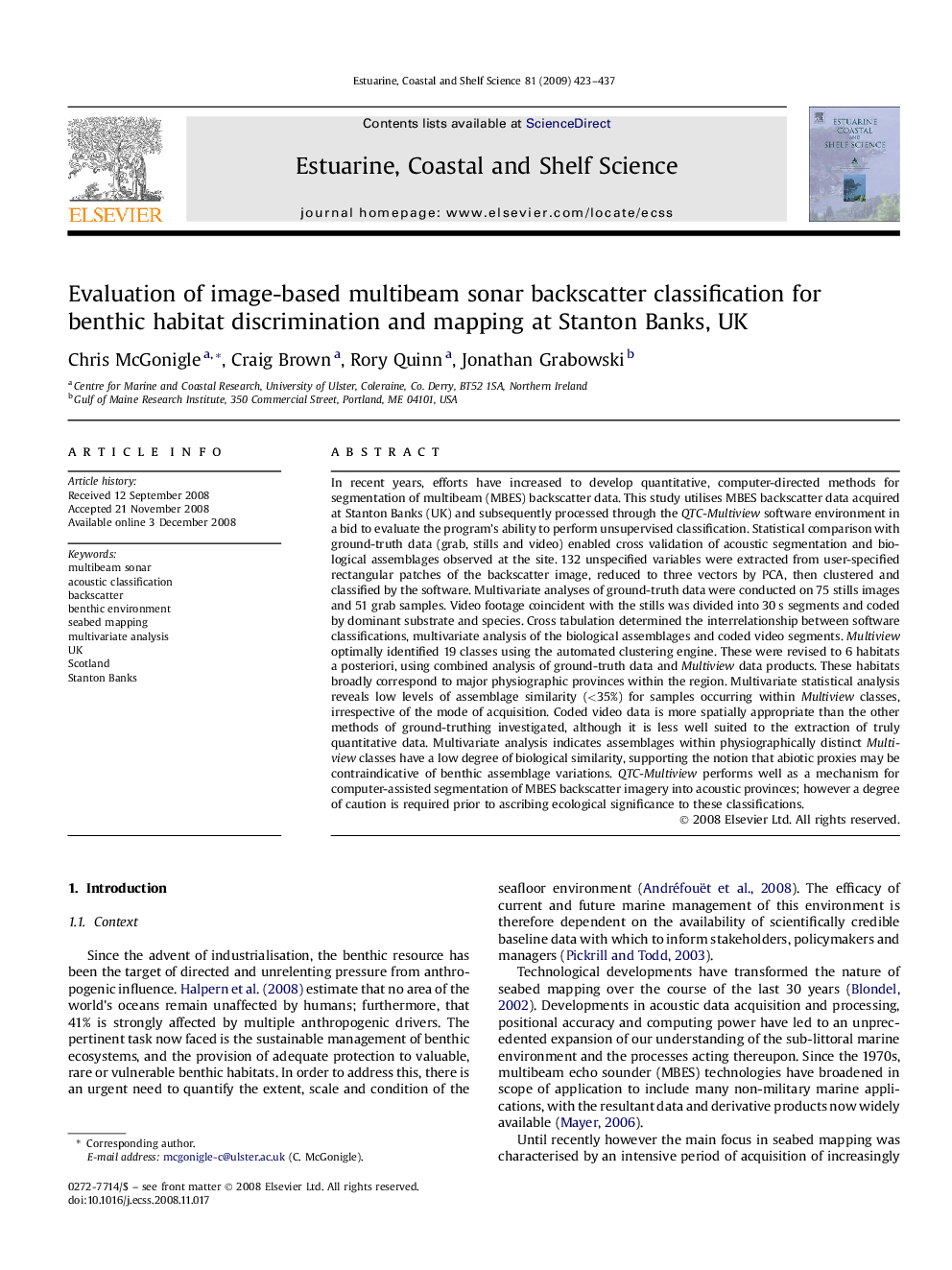 Evaluation of image-based multibeam sonar backscatter classification for benthic habitat discrimination and mapping at Stanton Banks, UK