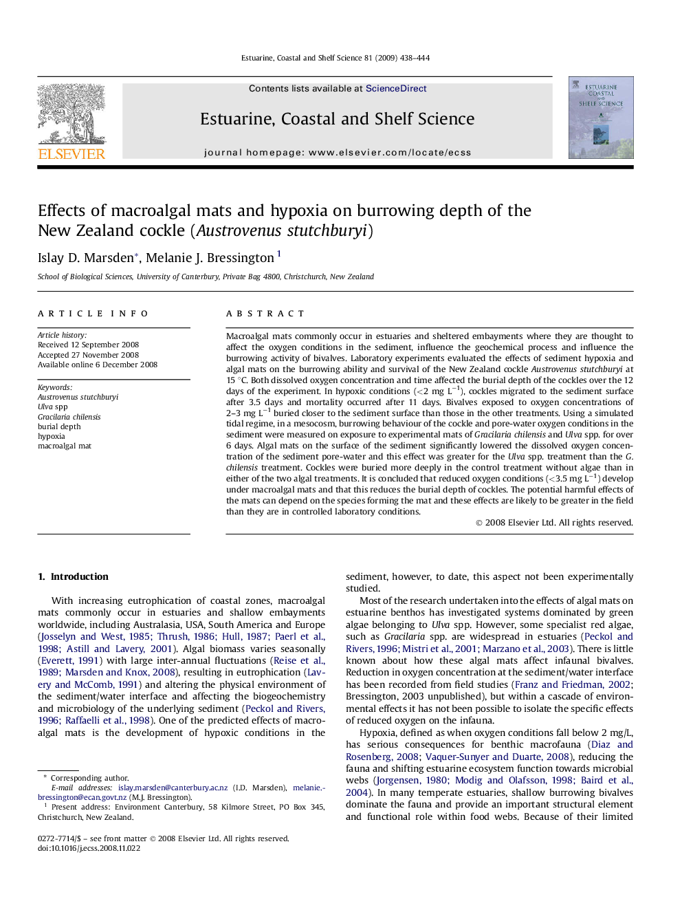 Effects of macroalgal mats and hypoxia on burrowing depth of the New Zealand cockle (Austrovenus stutchburyi)