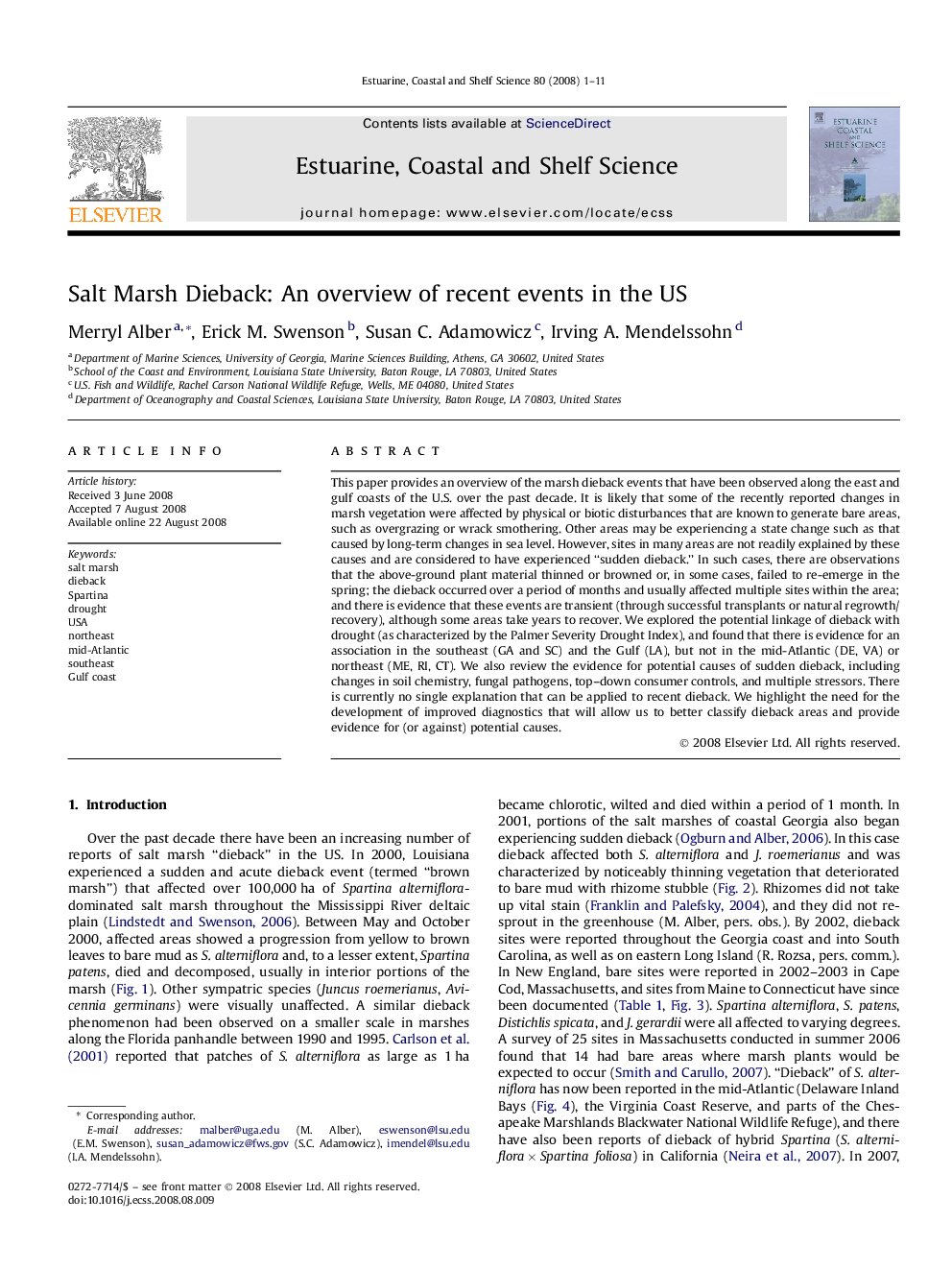 Salt Marsh Dieback: An overview of recent events in the US