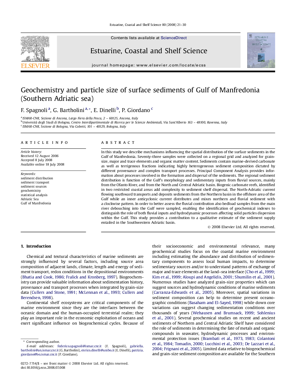 Geochemistry and particle size of surface sediments of Gulf of Manfredonia (Southern Adriatic sea)