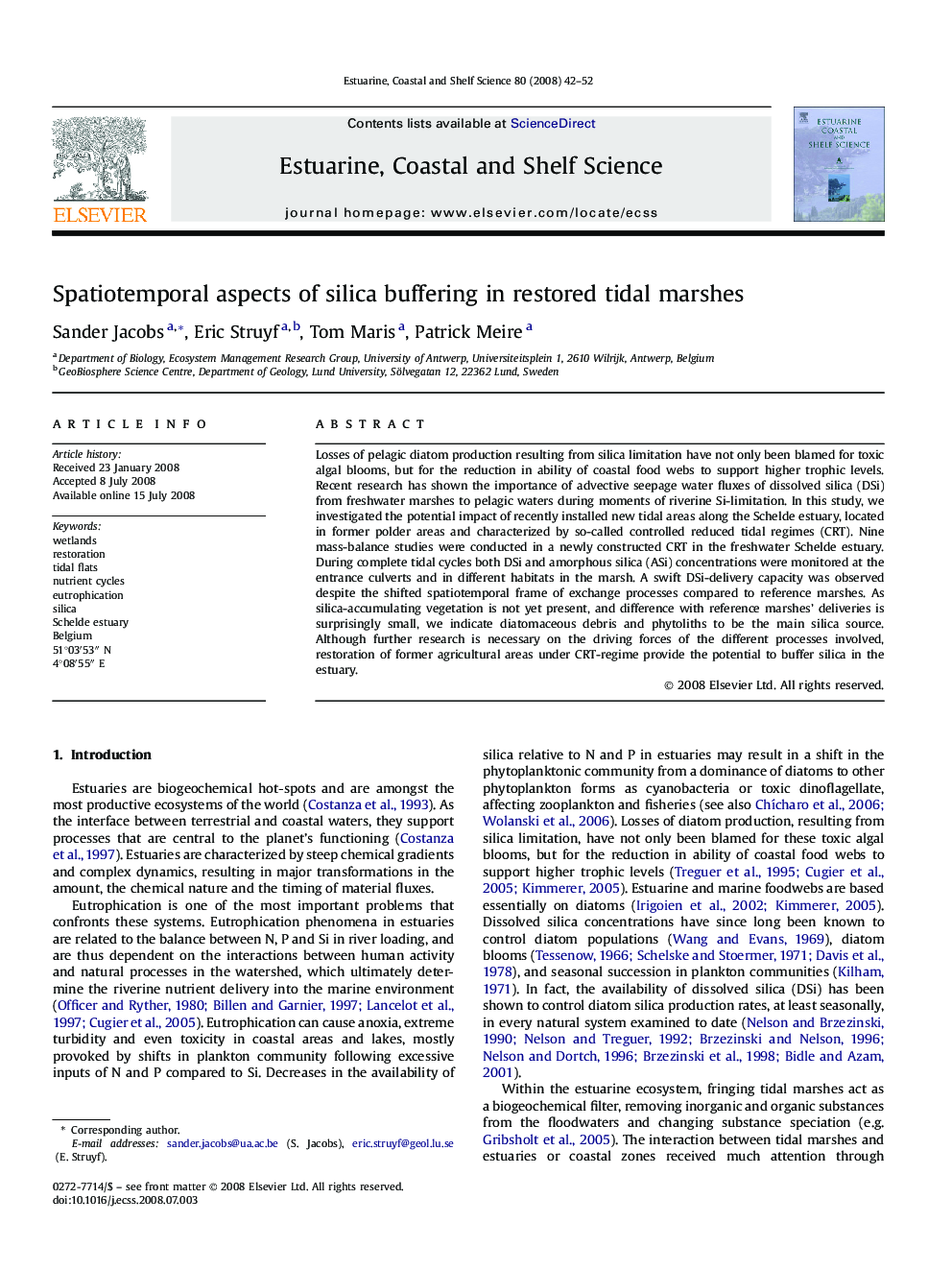 Spatiotemporal aspects of silica buffering in restored tidal marshes