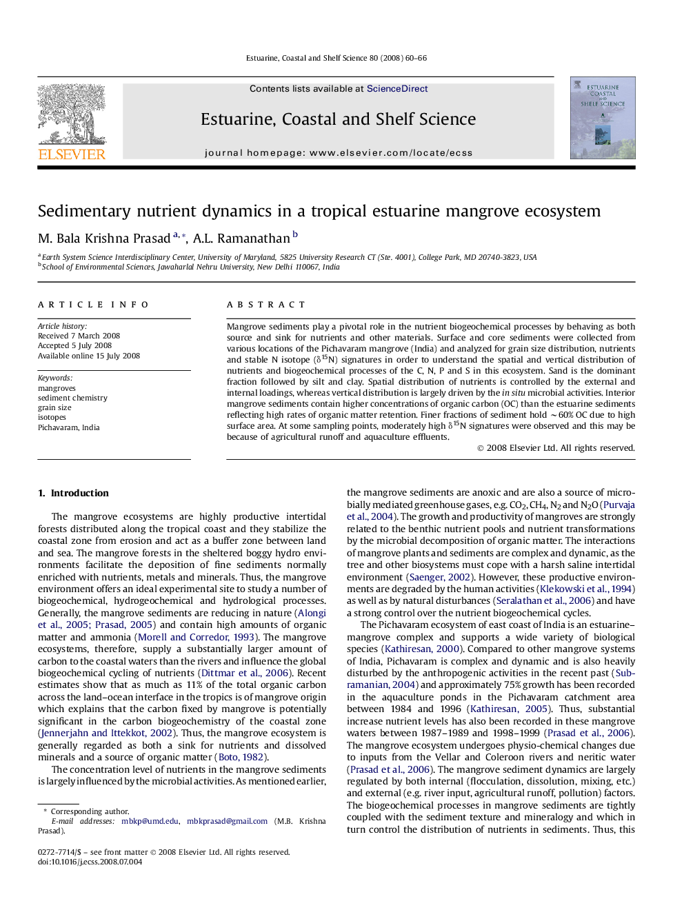 Sedimentary nutrient dynamics in a tropical estuarine mangrove ecosystem