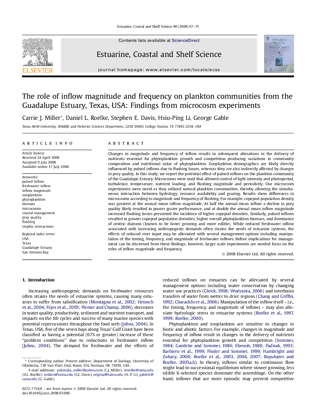 The role of inflow magnitude and frequency on plankton communities from the Guadalupe Estuary, Texas, USA: Findings from microcosm experiments