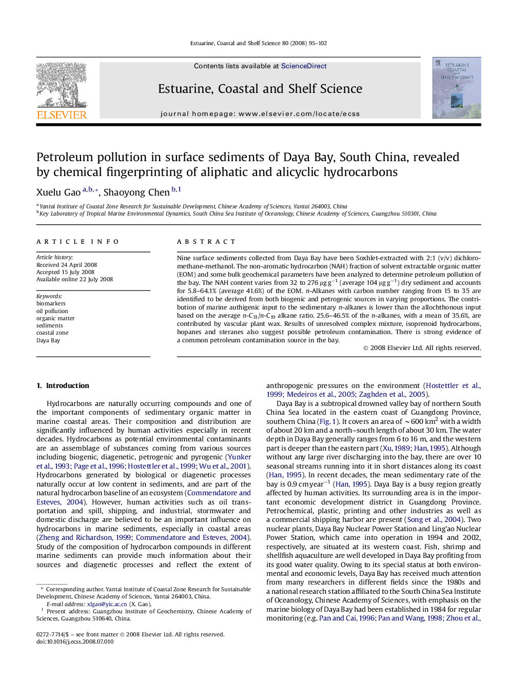 Petroleum pollution in surface sediments of Daya Bay, South China, revealed by chemical fingerprinting of aliphatic and alicyclic hydrocarbons