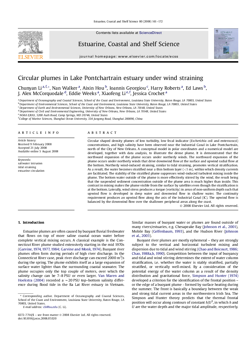 Circular plumes in Lake Pontchartrain estuary under wind straining