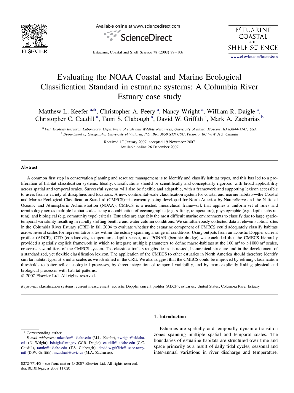 Evaluating the NOAA Coastal and Marine Ecological Classification Standard in estuarine systems: A Columbia River Estuary case study