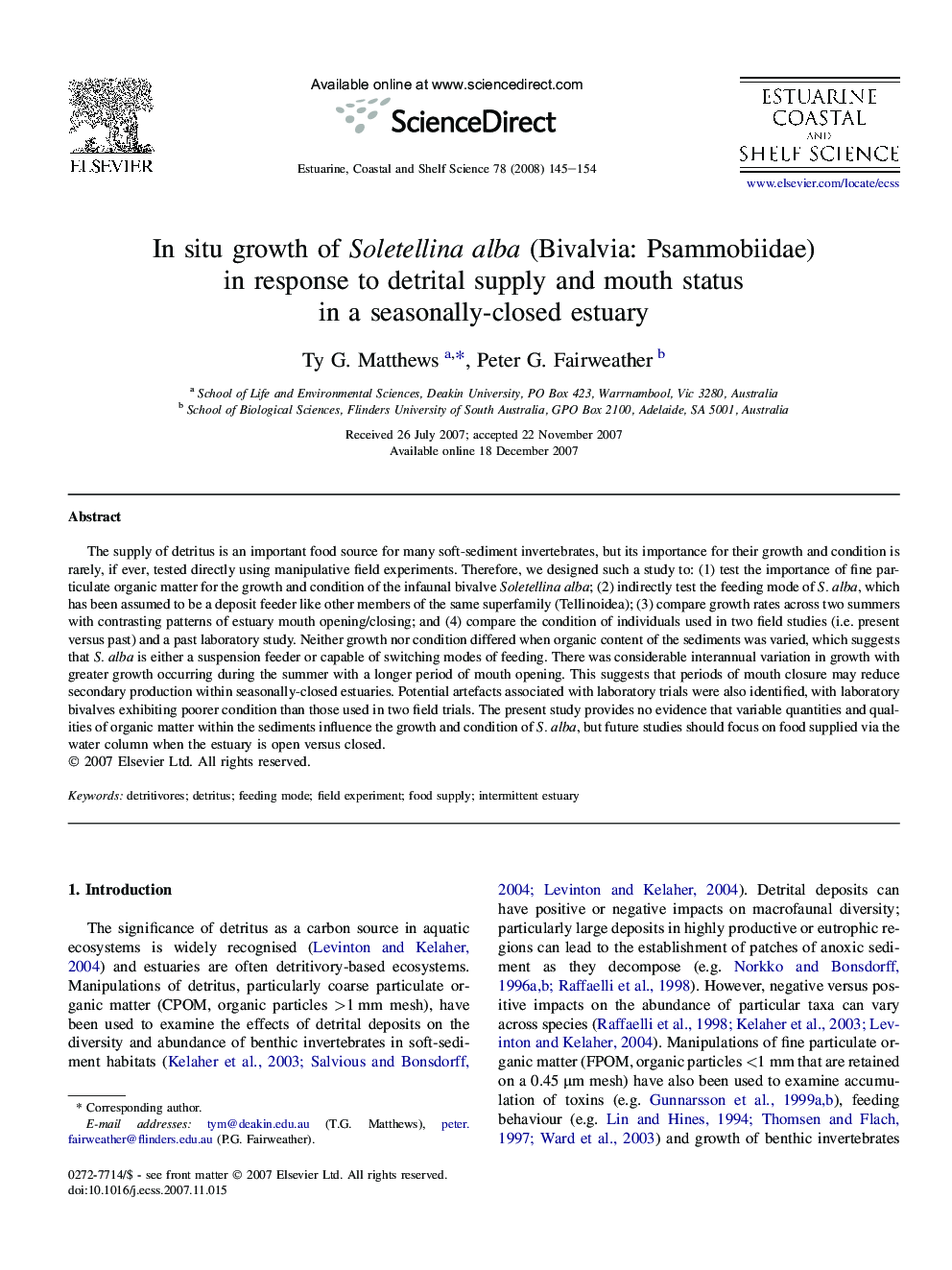 In situ growth of Soletellina alba (Bivalvia: Psammobiidae) in response to detrital supply and mouth status in a seasonally-closed estuary