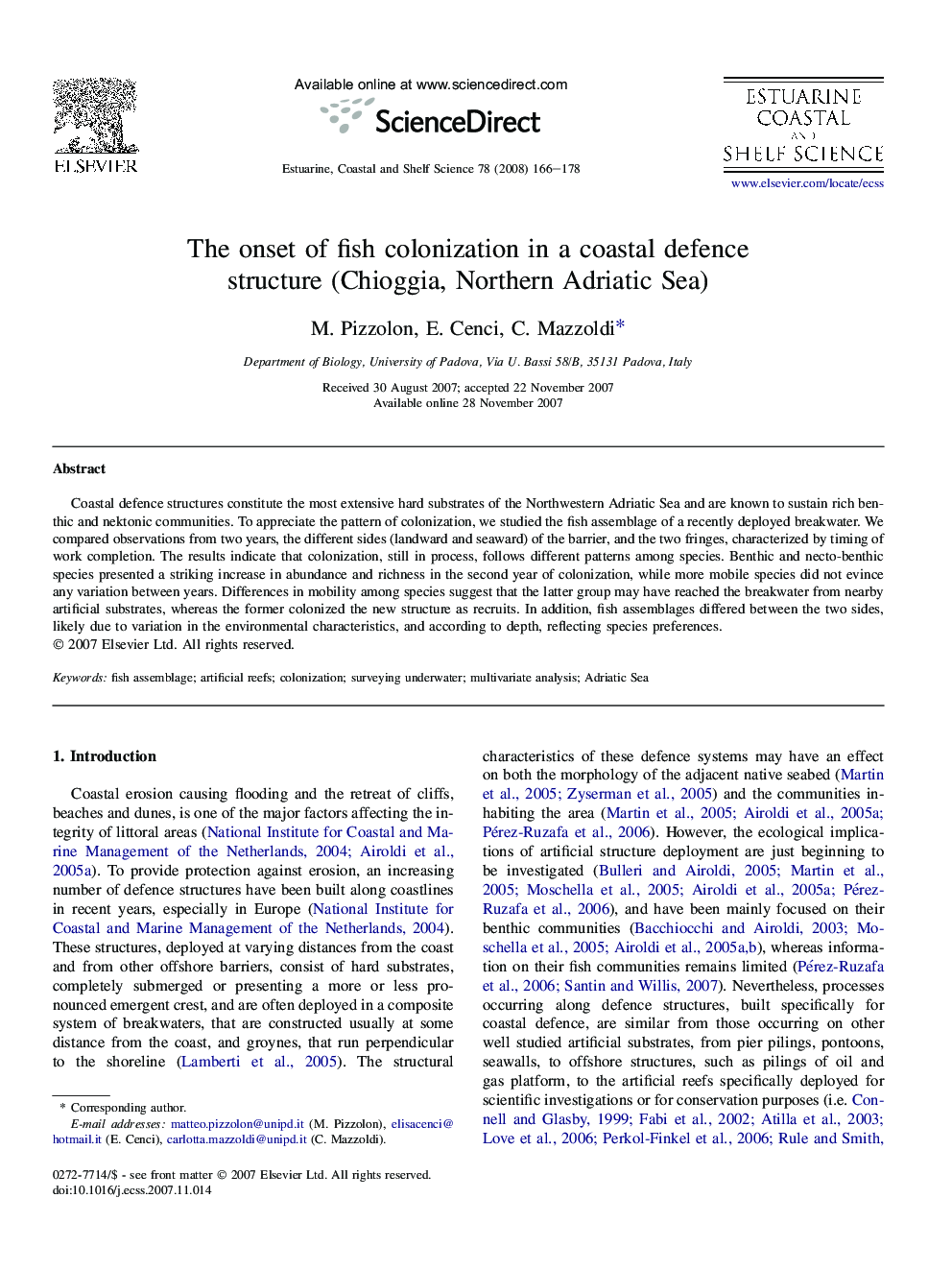 عکس صفحه اول مقاله: The onset of fish colonization in a coastal defence structure (Chioggia, Northern Adriatic Sea) The onset of fish colonization in a coastal defence structure (Chioggia, Northern Adriatic Sea)