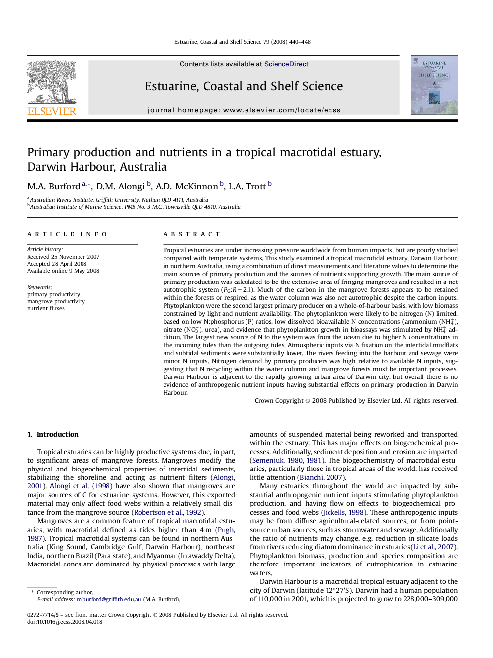 Primary production and nutrients in a tropical macrotidal estuary, Darwin Harbour, Australia