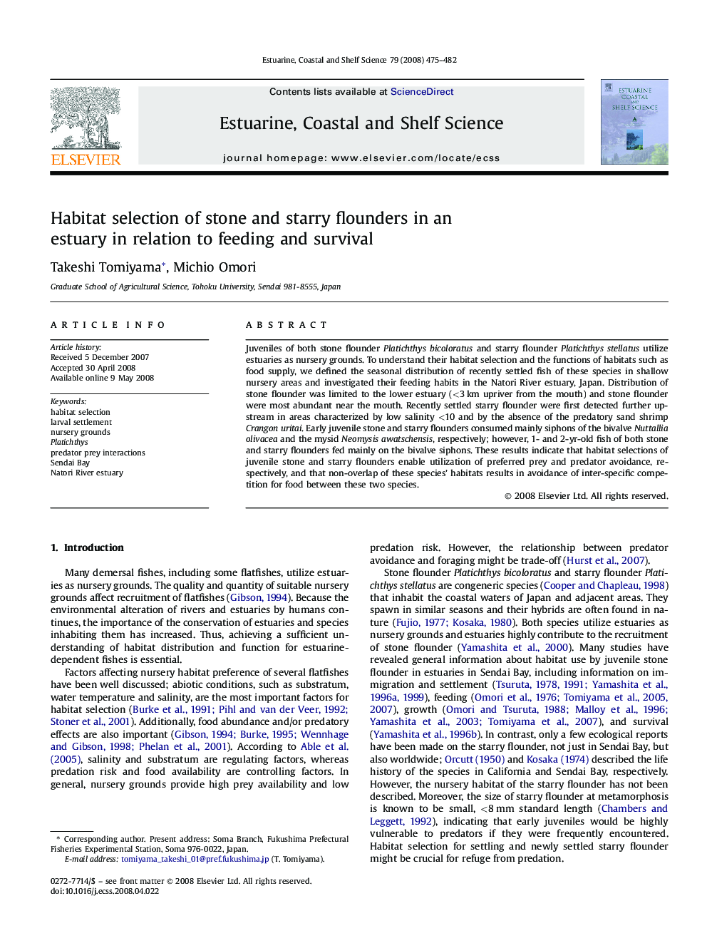 Habitat selection of stone and starry flounders in an estuary in relation to feeding and survival