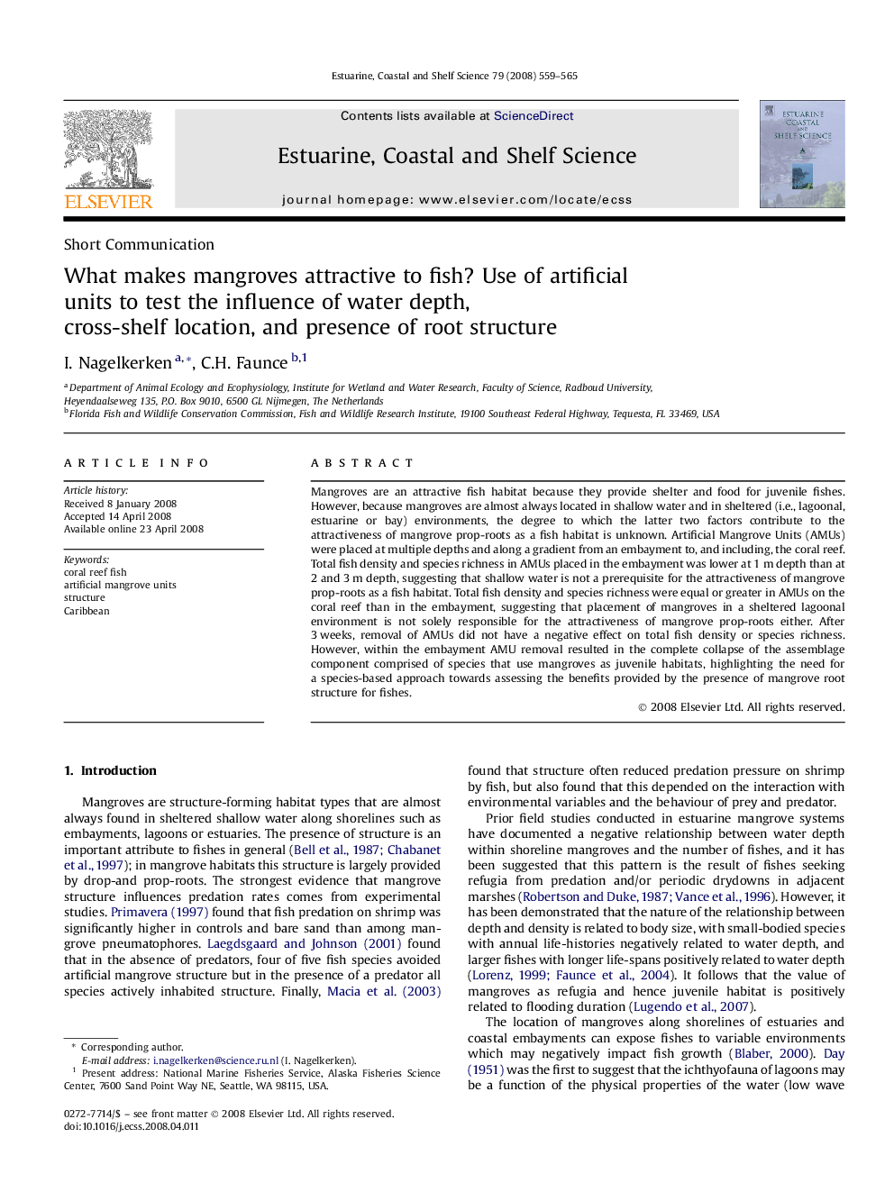 What makes mangroves attractive to fish? Use of artificial units to test the influence of water depth, cross-shelf location, and presence of root structure