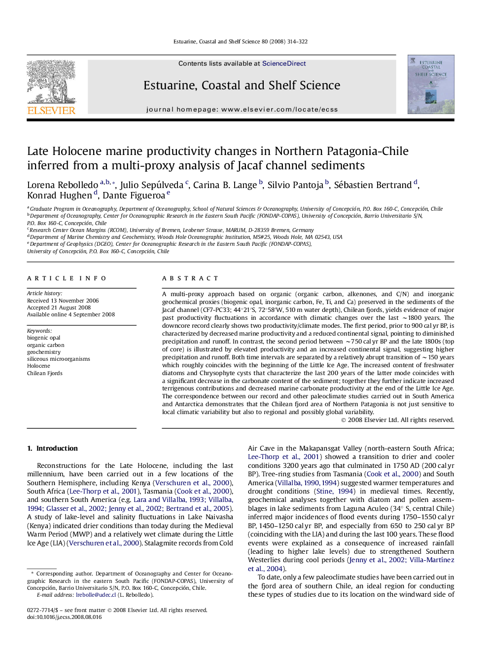 Late Holocene marine productivity changes in Northern Patagonia-Chile inferred from a multi-proxy analysis of Jacaf channel sediments