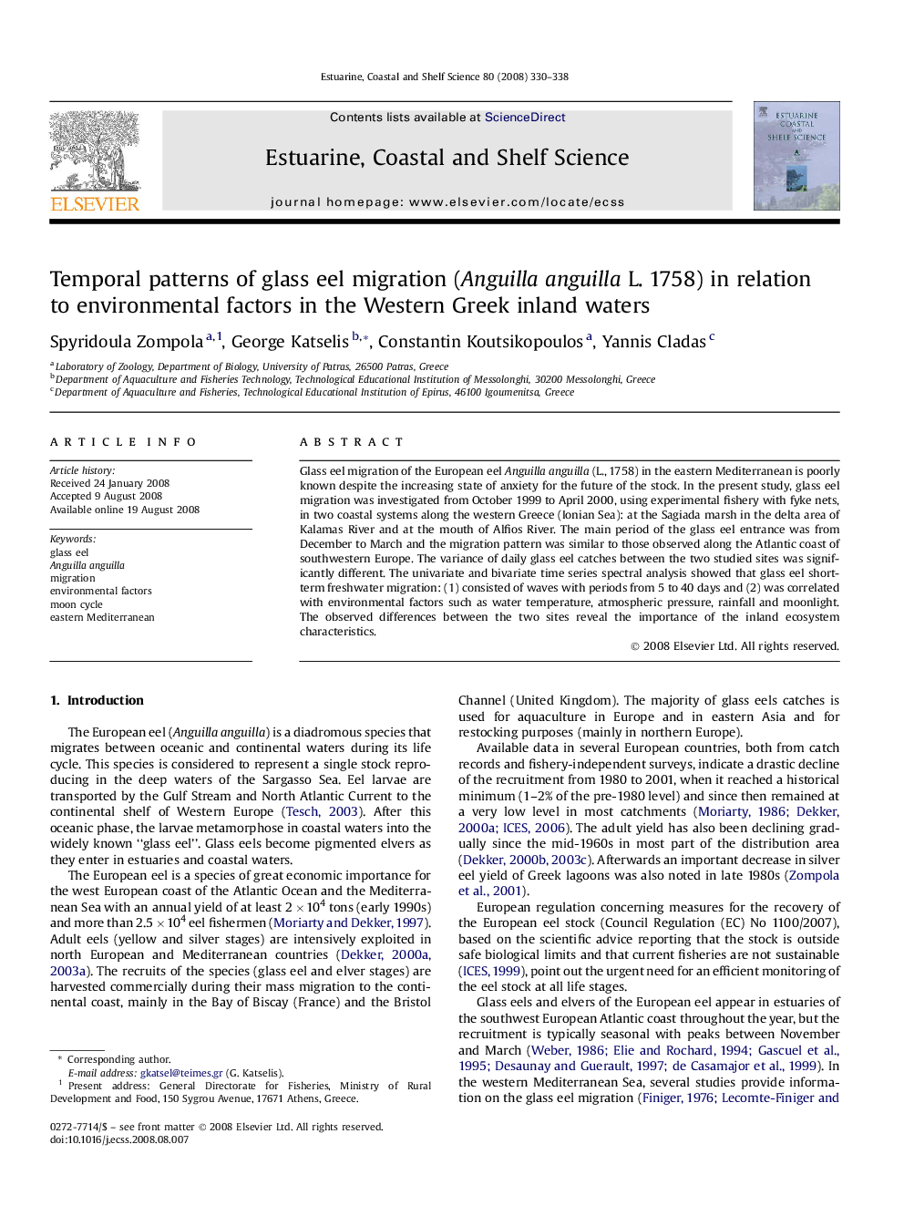 Temporal patterns of glass eel migration (Anguilla anguilla L. 1758) in relation to environmental factors in the Western Greek inland waters