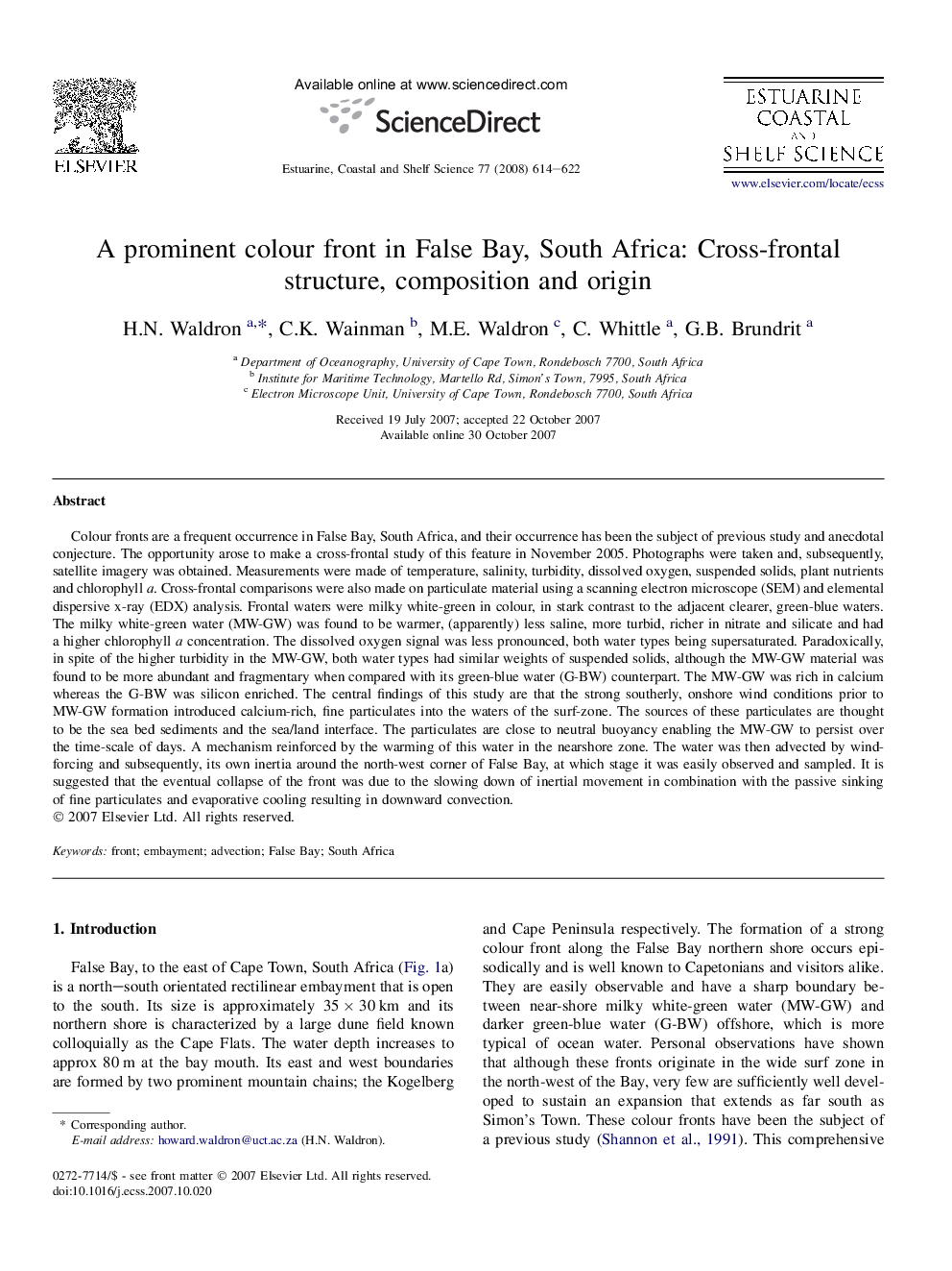 A prominent colour front in False Bay, South Africa: Cross-frontal structure, composition and origin