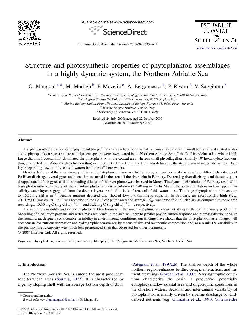 Structure and photosynthetic properties of phytoplankton assemblages in a highly dynamic system, the Northern Adriatic Sea