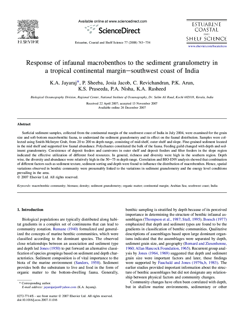 Response of infaunal macrobenthos to the sediment granulometry in a tropical continental margin–southwest coast of India