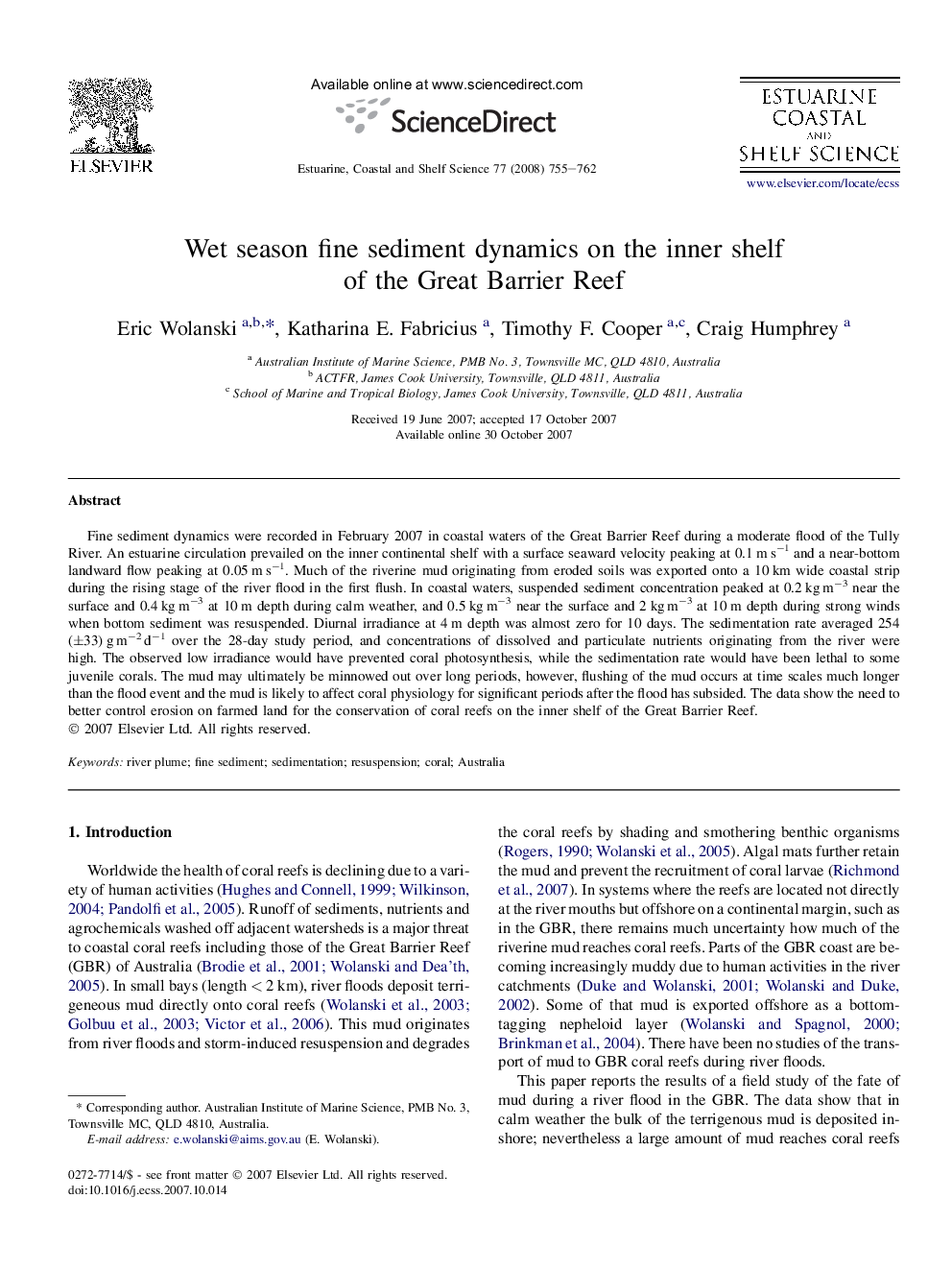 Wet season fine sediment dynamics on the inner shelf of the Great Barrier Reef