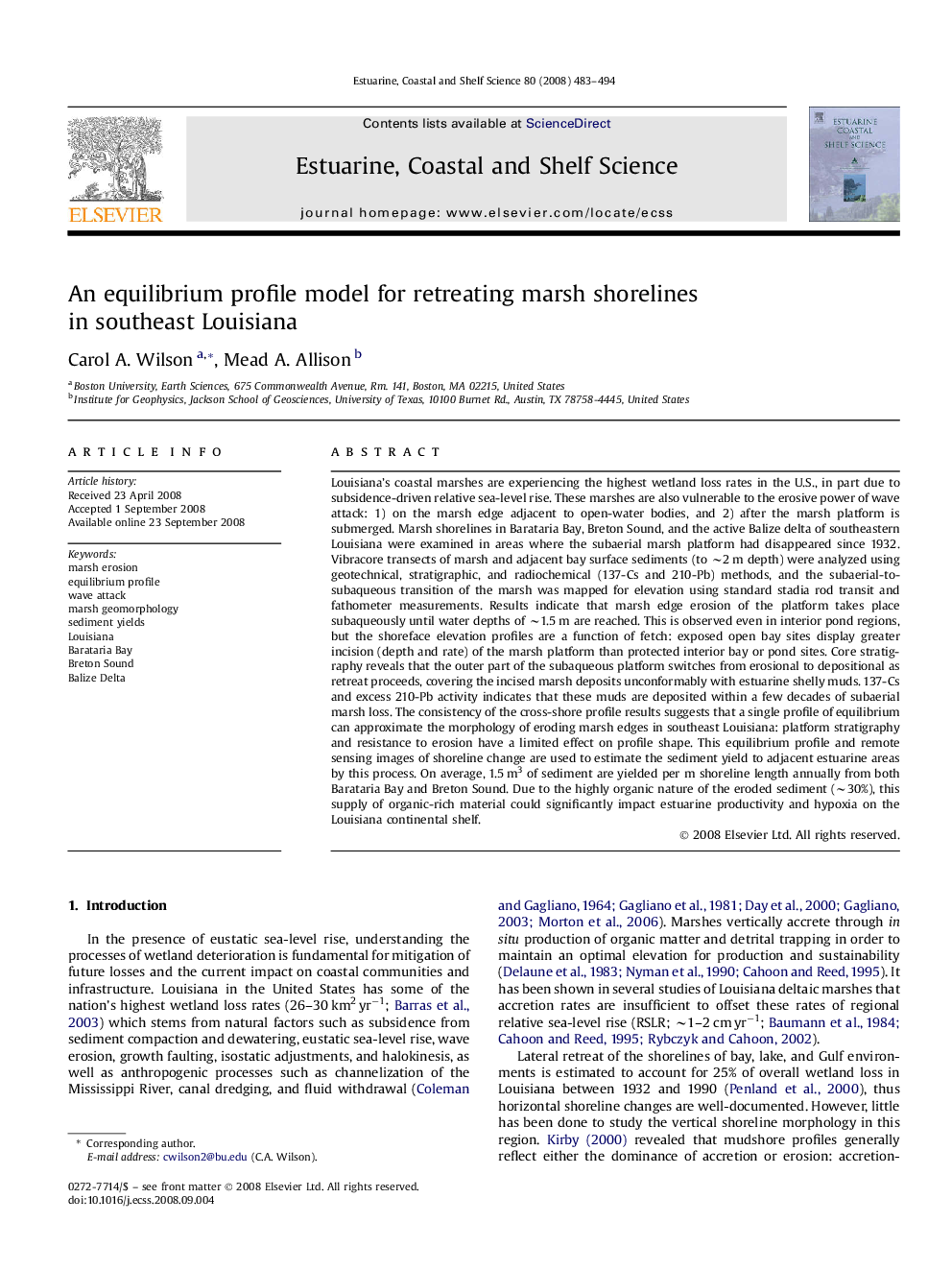 An equilibrium profile model for retreating marsh shorelines in southeast Louisiana