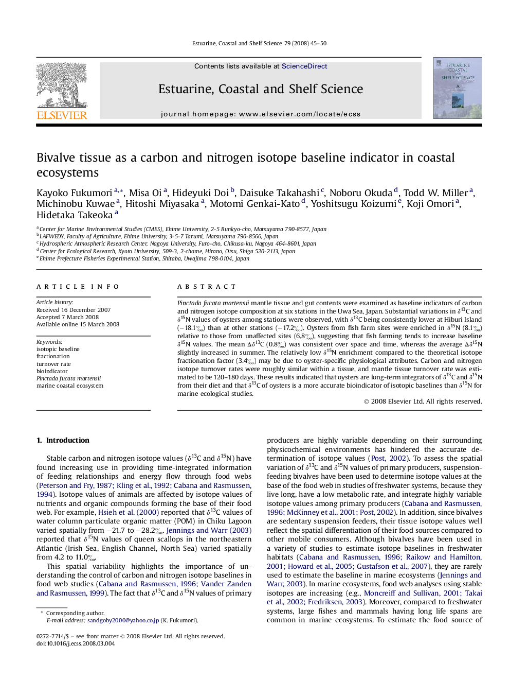 Bivalve tissue as a carbon and nitrogen isotope baseline indicator in coastal ecosystems