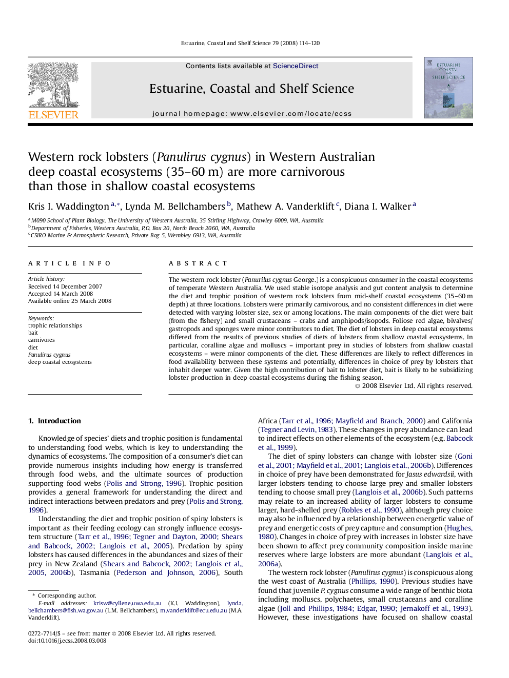 Western rock lobsters (Panulirus cygnus) in Western Australian deep coastal ecosystems (35–60 m) are more carnivorous than those in shallow coastal ecosystems