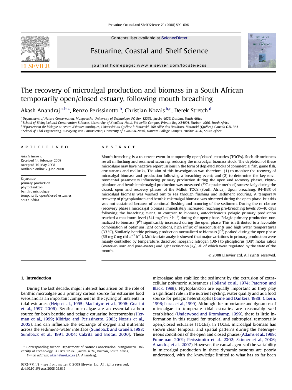 The recovery of microalgal production and biomass in a South African temporarily open/closed estuary, following mouth breaching