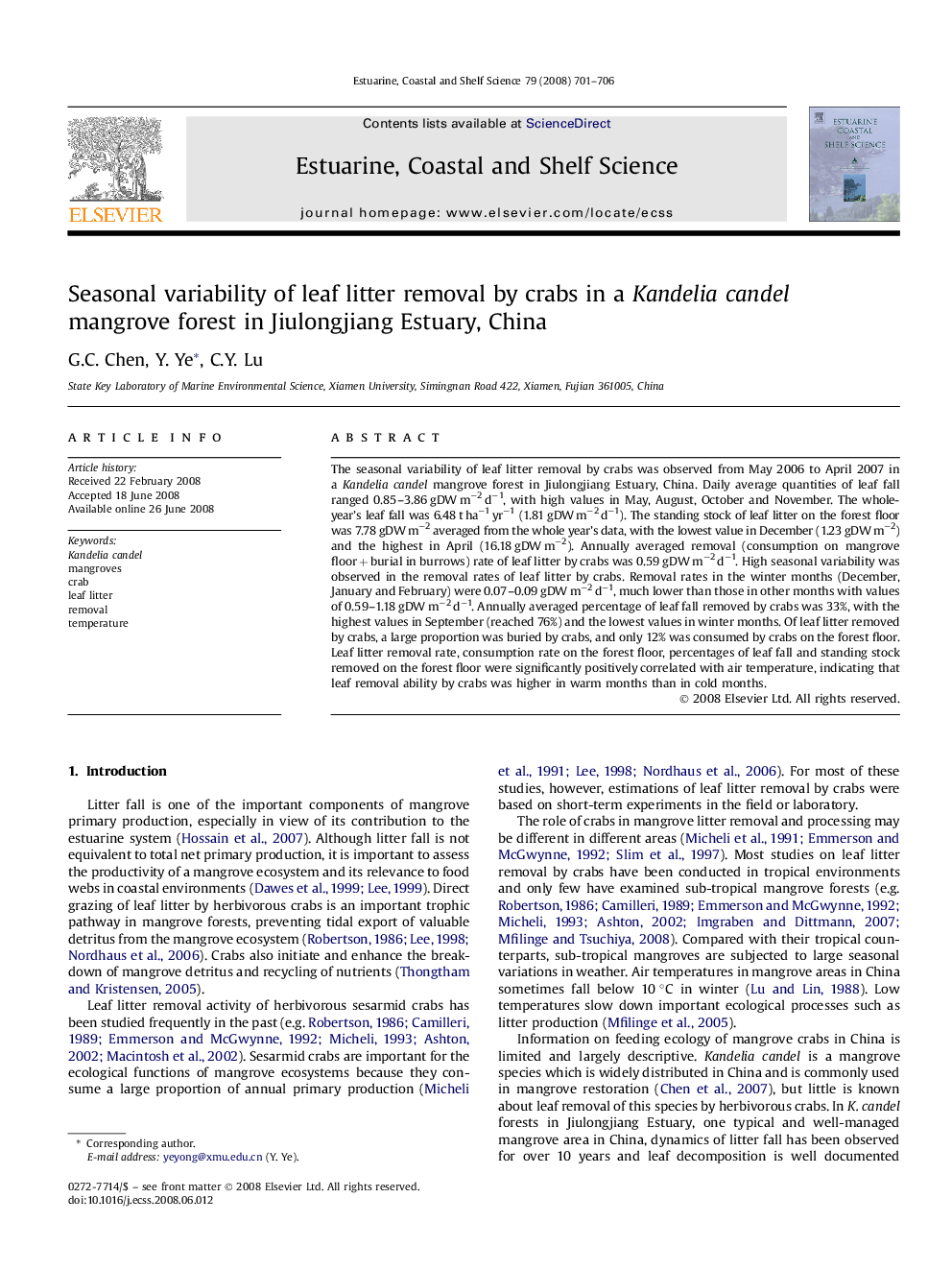 Seasonal variability of leaf litter removal by crabs in a Kandelia candel mangrove forest in Jiulongjiang Estuary, China