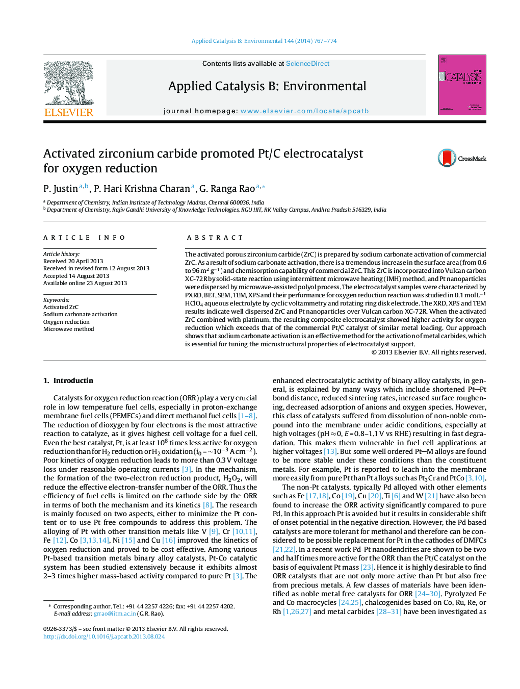 Activated zirconium carbide promoted Pt/C electrocatalyst for oxygen reduction