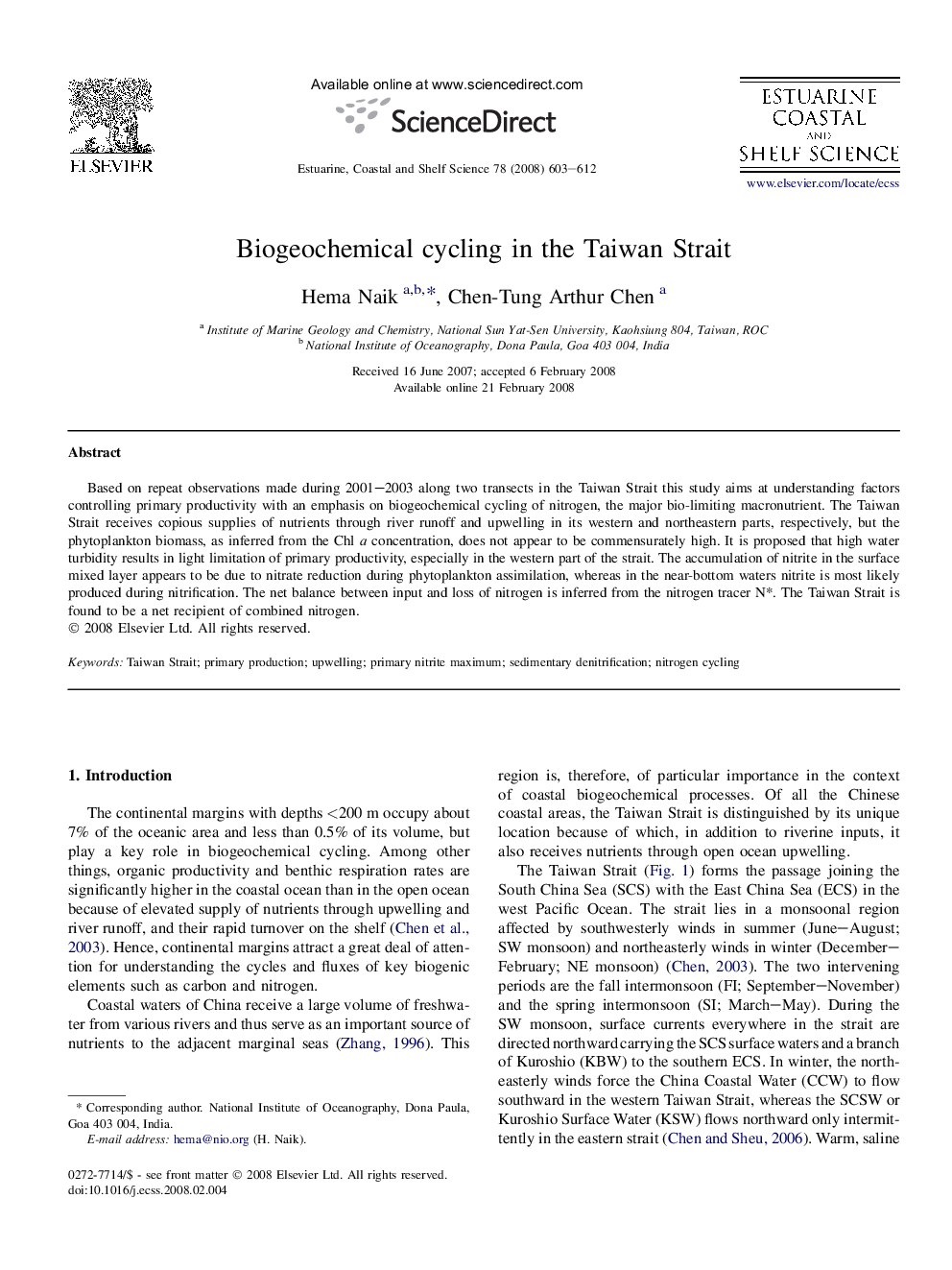 Biogeochemical cycling in the Taiwan Strait