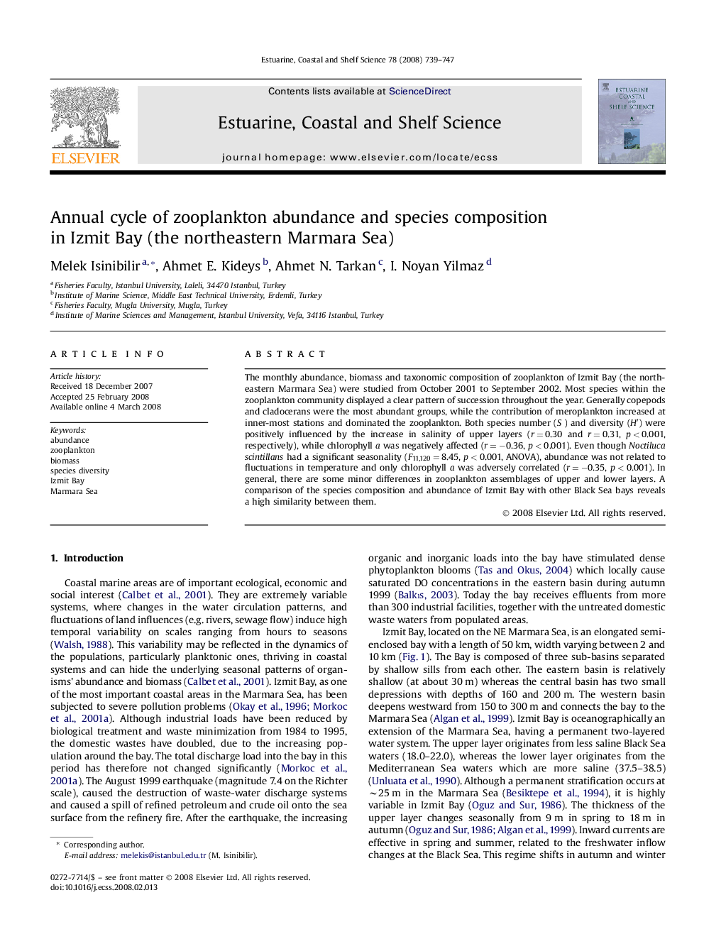 Annual cycle of zooplankton abundance and species composition in Izmit Bay (the northeastern Marmara Sea)