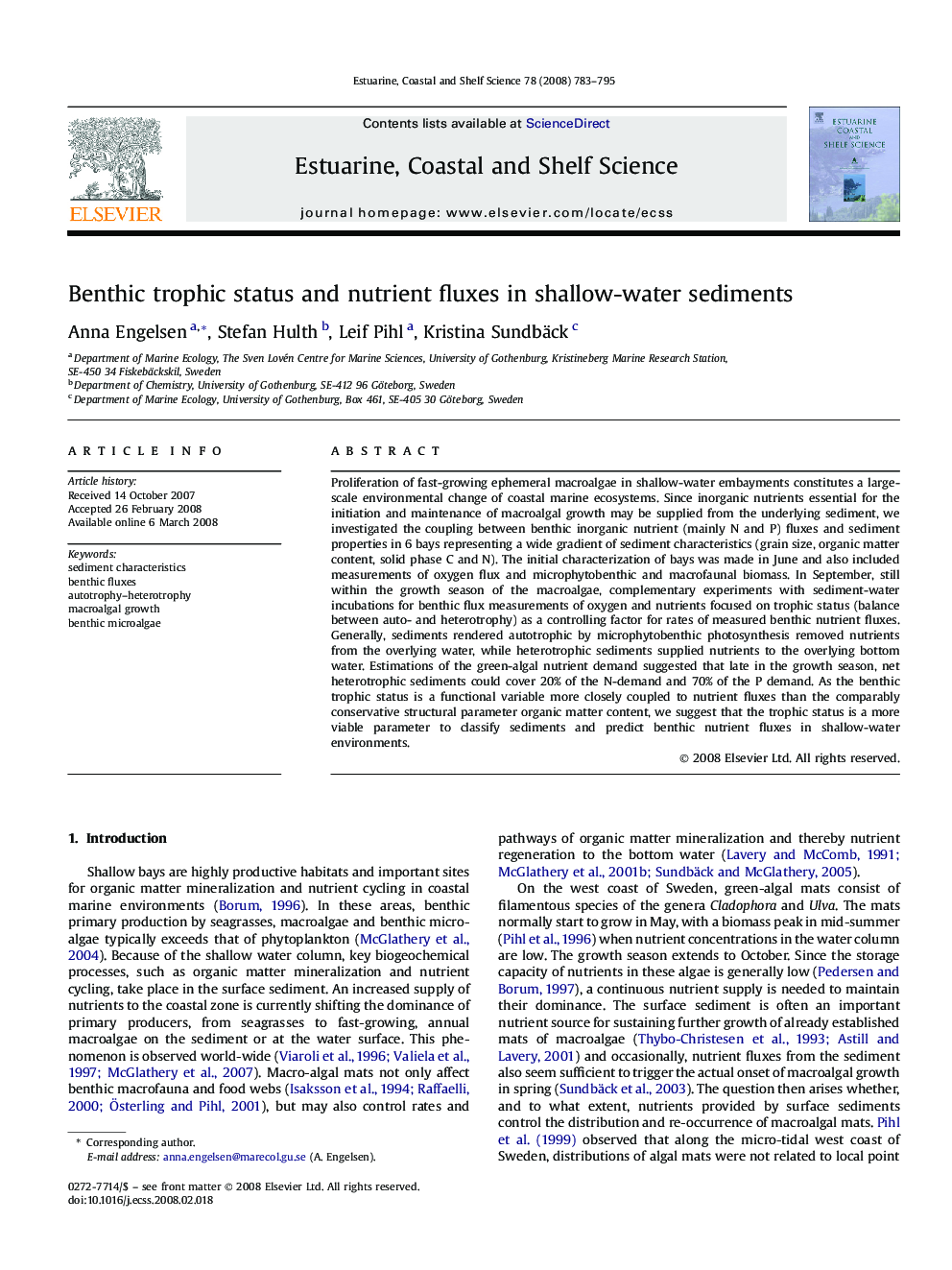 Benthic trophic status and nutrient fluxes in shallow-water sediments