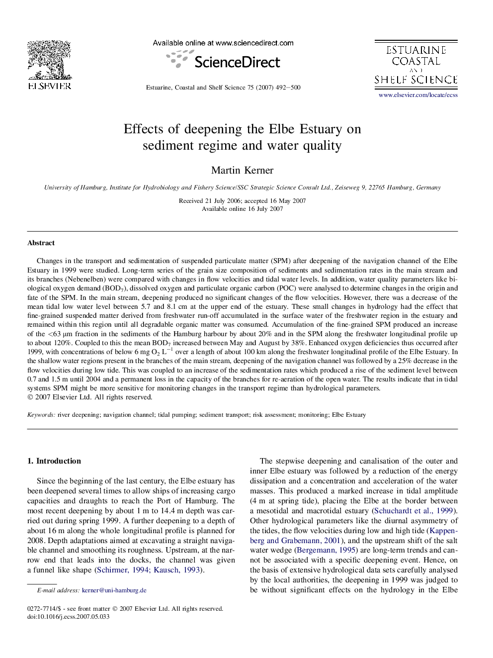 Effects of deepening the Elbe Estuary on sediment regime and water quality