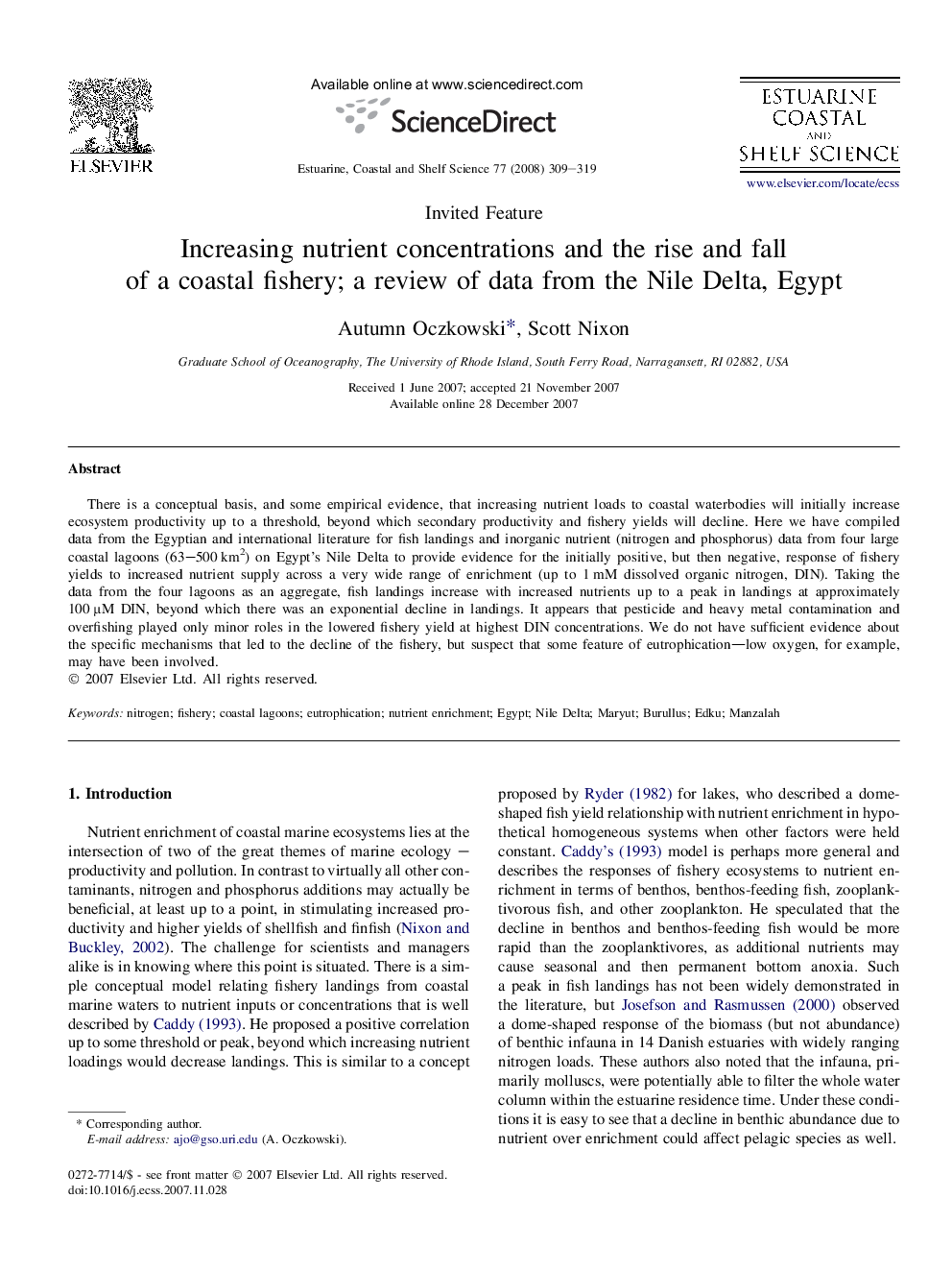 Increasing nutrient concentrations and the rise and fall of a coastal fishery; a review of data from the Nile Delta, Egypt