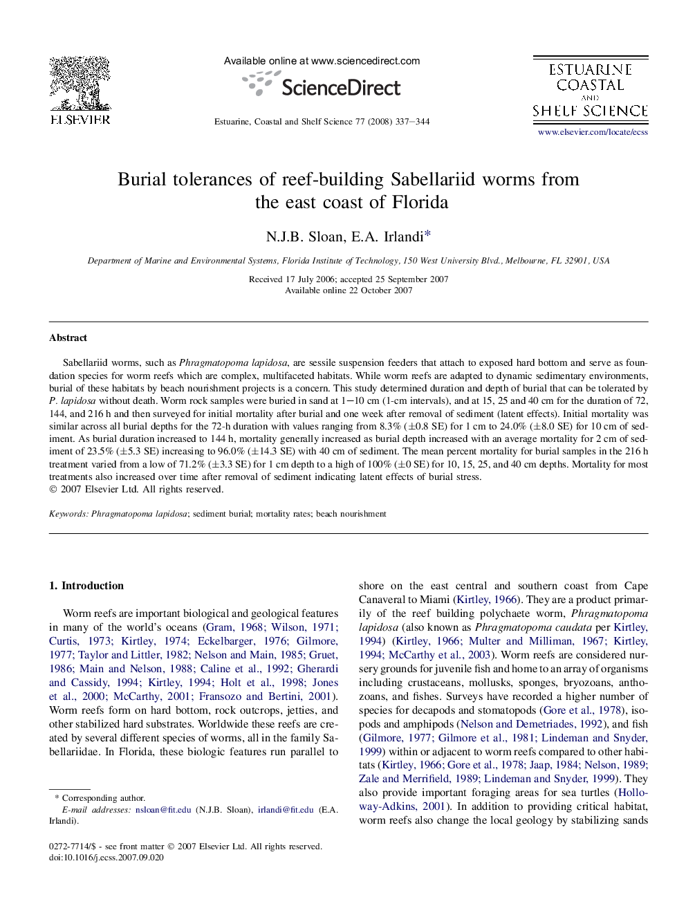 Burial tolerances of reef-building Sabellariid worms from the east coast of Florida