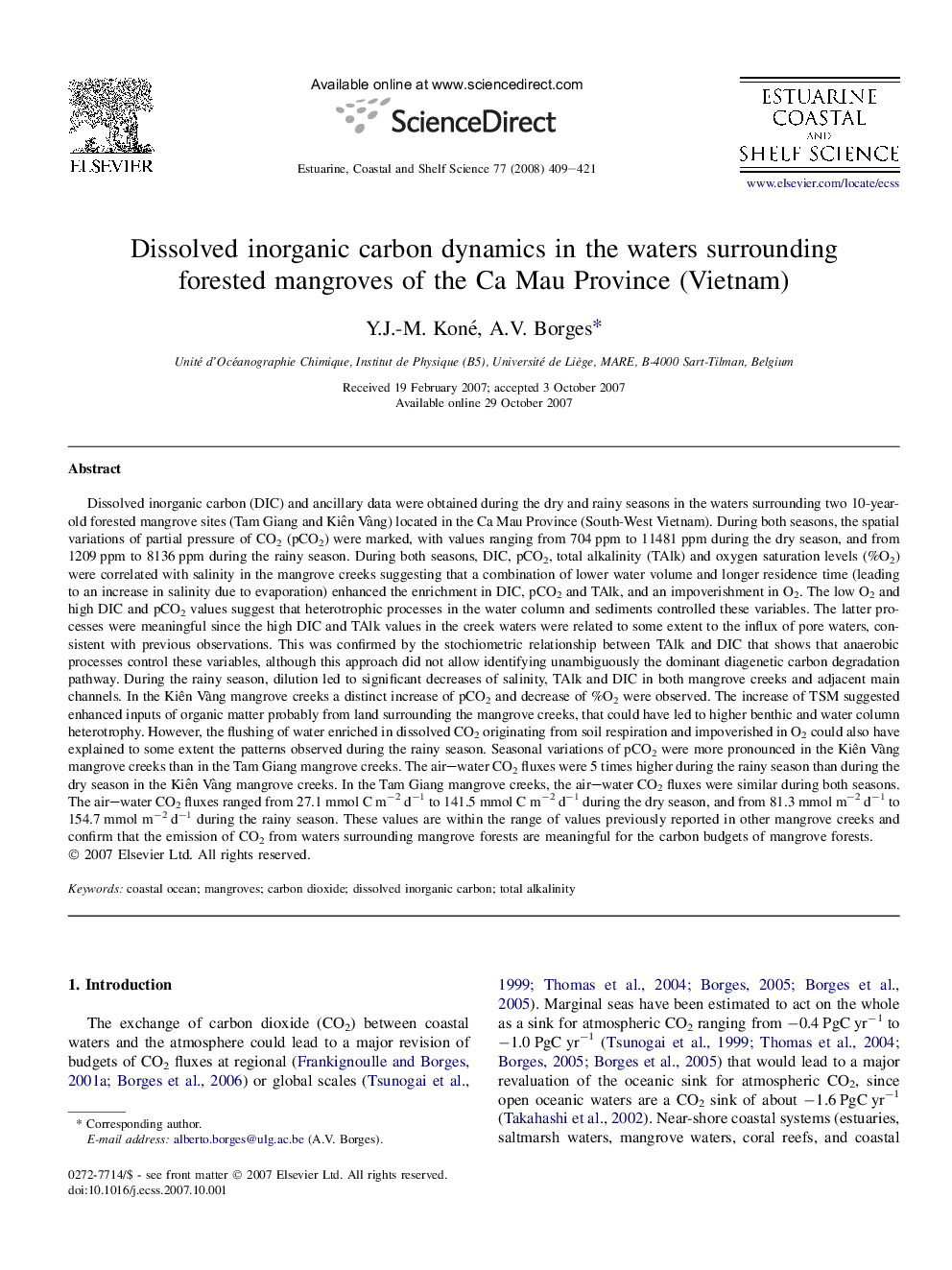 Dissolved inorganic carbon dynamics in the waters surrounding forested mangroves of the Ca Mau Province (Vietnam)