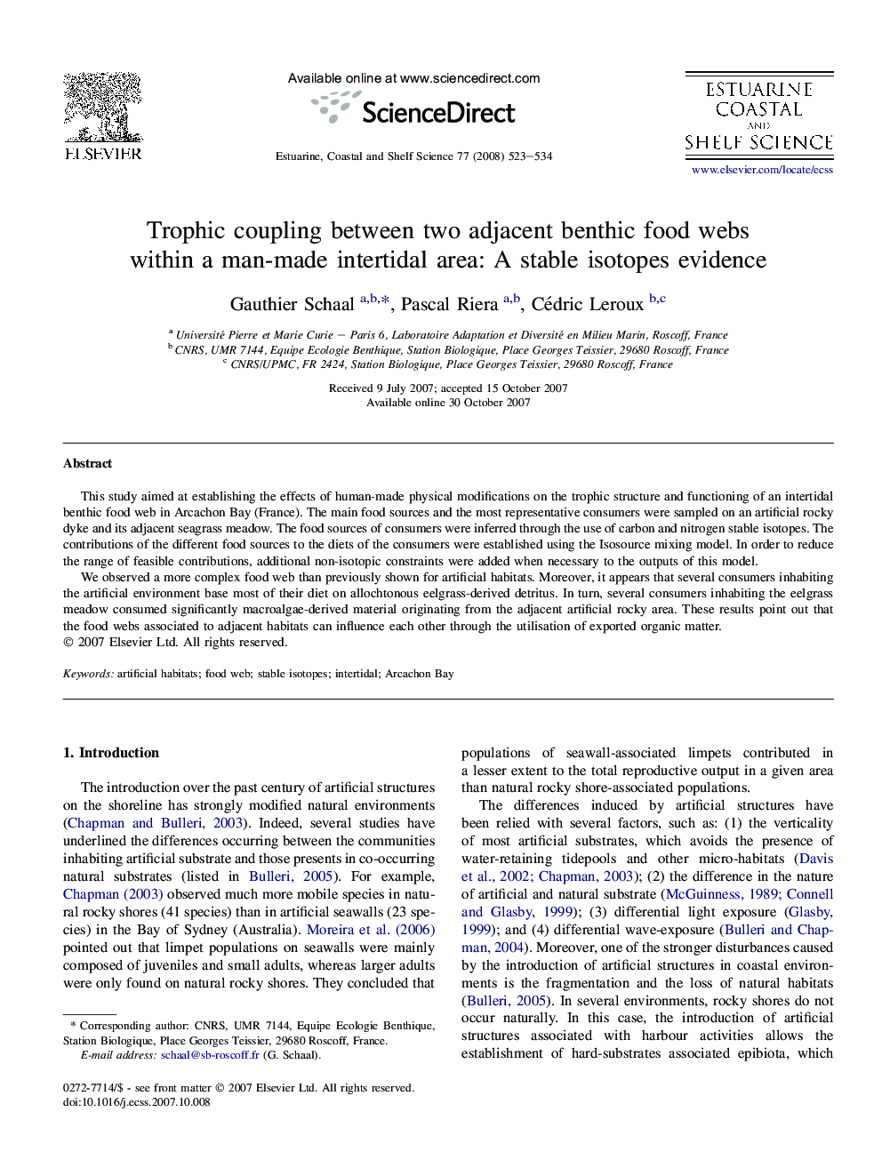 Trophic coupling between two adjacent benthic food webs within a man-made intertidal area: A stable isotopes evidence