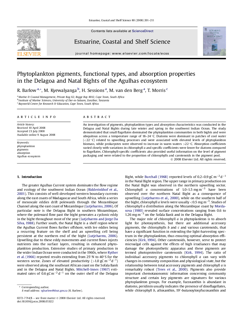 Phytoplankton pigments, functional types, and absorption properties in the Delagoa and Natal Bights of the Agulhas ecosystem